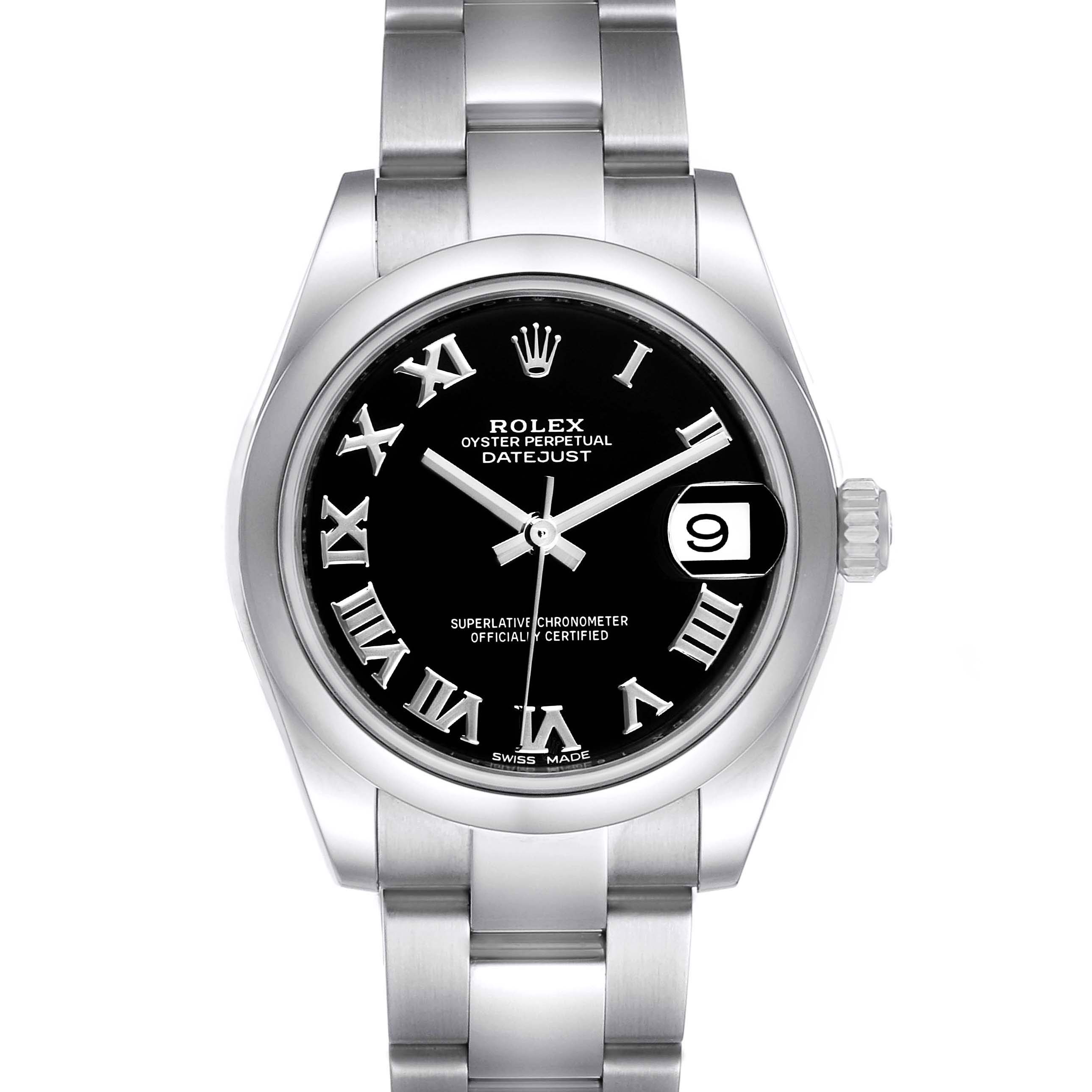 This Rolex Mid-Size 178240 Women's Stainless Steel Black Dial 178240 Women's Stainless Steel Black Dial Datejust is shown from a top-down angle, highlighting its black dial, Roman numerals, date window, and stainless steel bracelet.