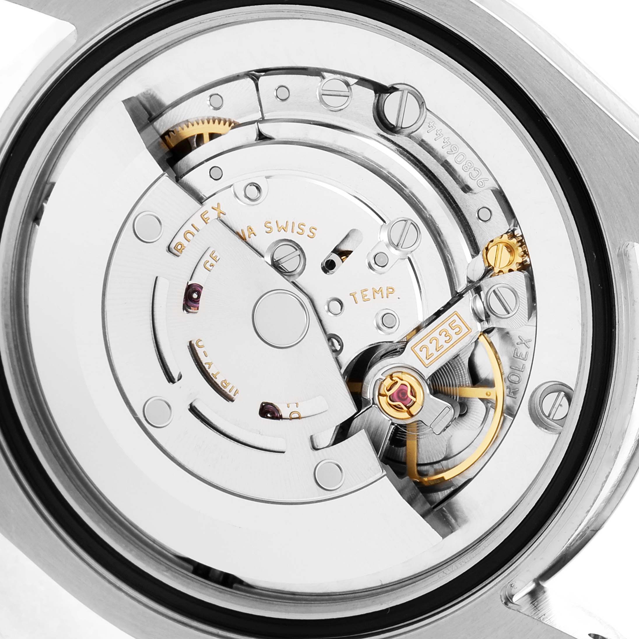 The image shows the internal mechanism from a rear angle of the Rolex Mid-Size 178240 Women's Stainless Steel Black Dial 178240 Women's Stainless Steel Black Dial model watch, highlighting the movement and components.