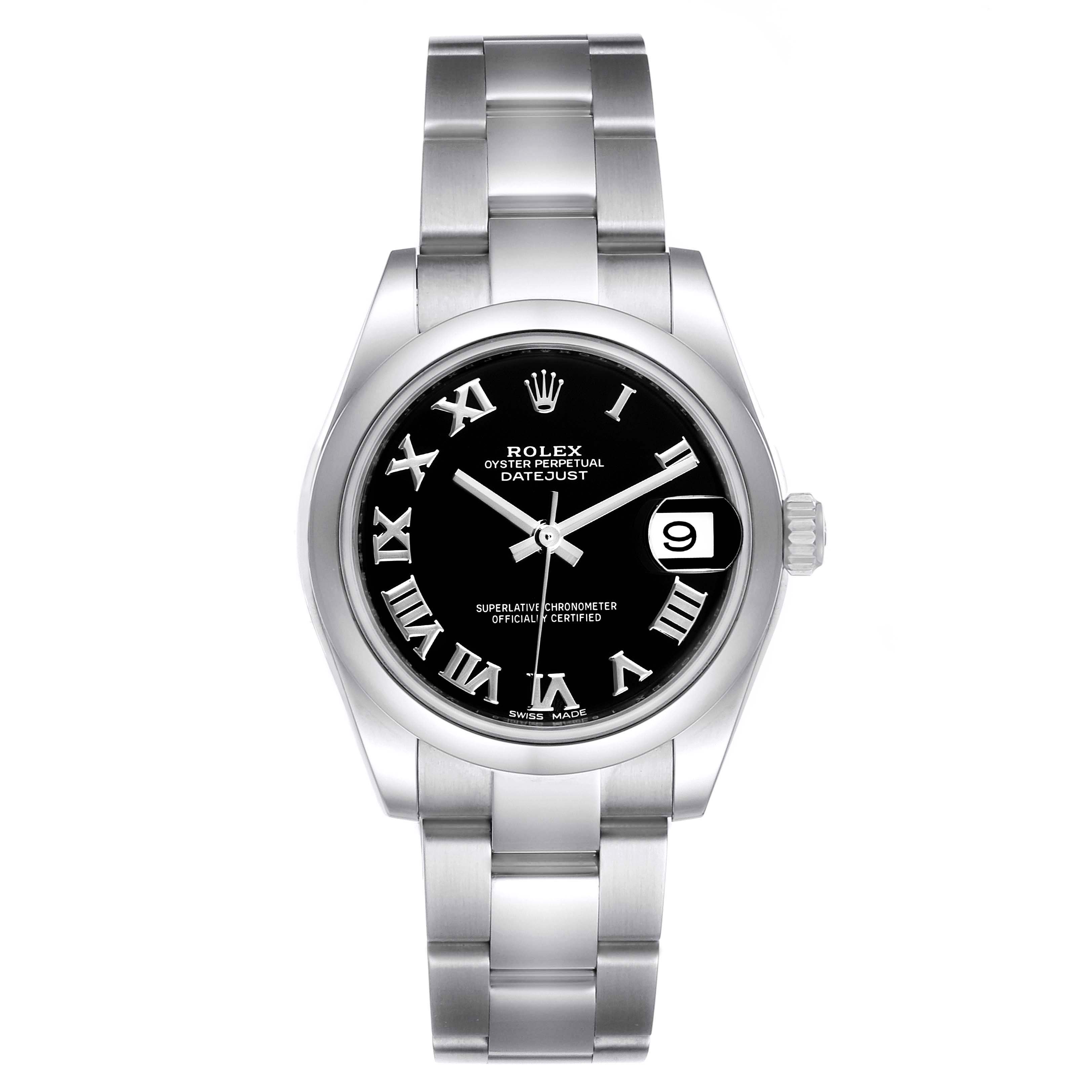 The Rolex Mid-Size 178240 Women's Stainless Steel Black Dial 178240 Women's Stainless Steel Black Dial Datejust watch is shown at a straight-on angle, displaying the face, bezel, and bracelet.