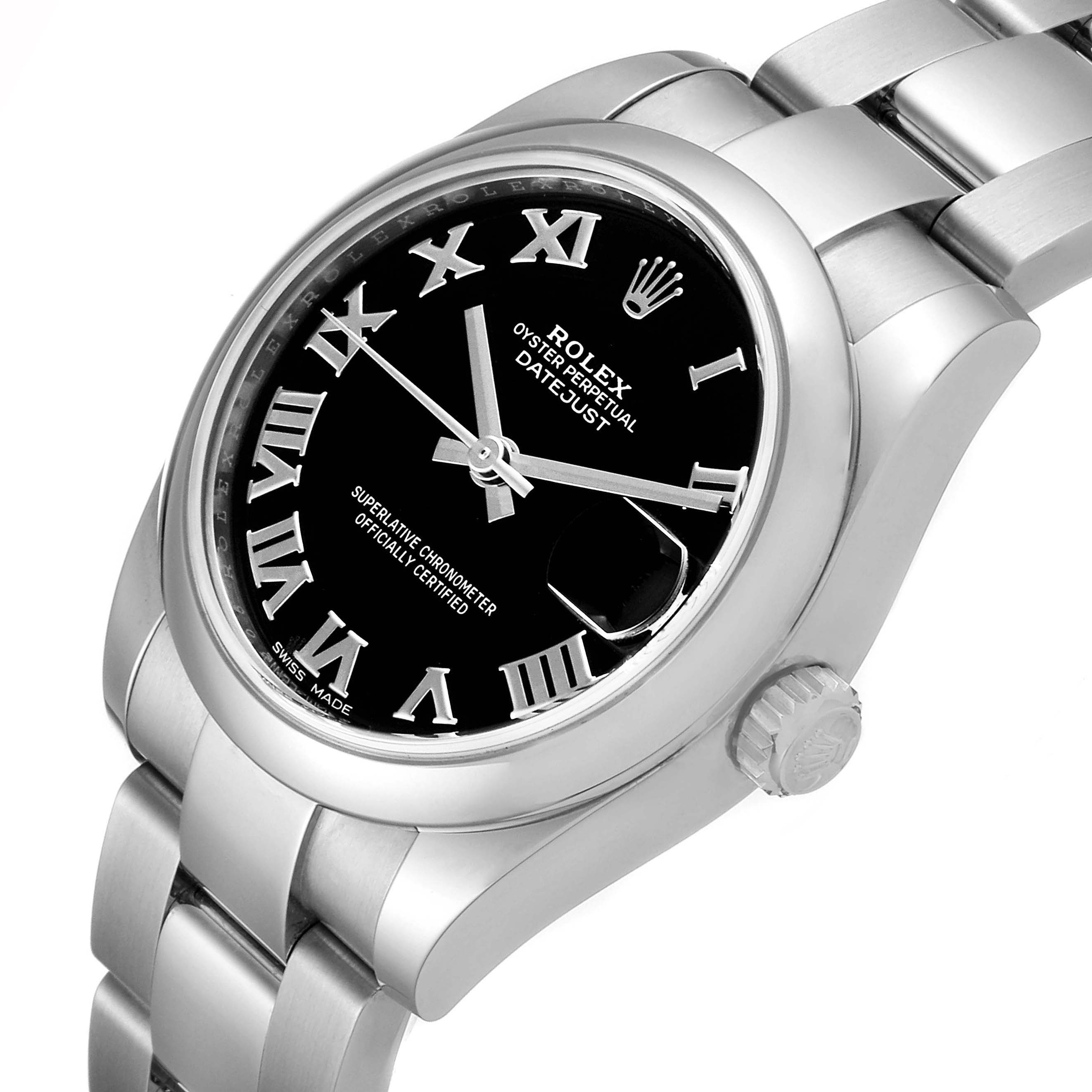 The Rolex Mid-Size 178240 Women's Stainless Steel Black Dial 178240 Women's Stainless Steel Black Dial Datejust watch is shown from a slightly angled side view, highlighting its dial, bezel, crown, and part of its bracelet.