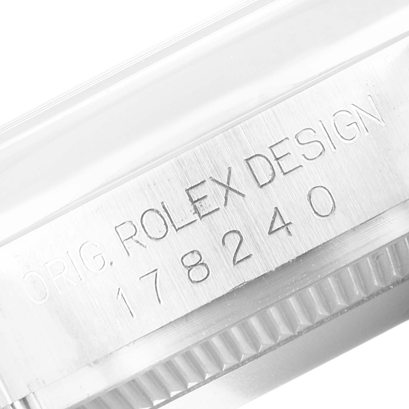 This close-up image shows the side engraving on a Mid-Size Rolex model, displaying "ORIG. ROLEX DESIGN 178240".