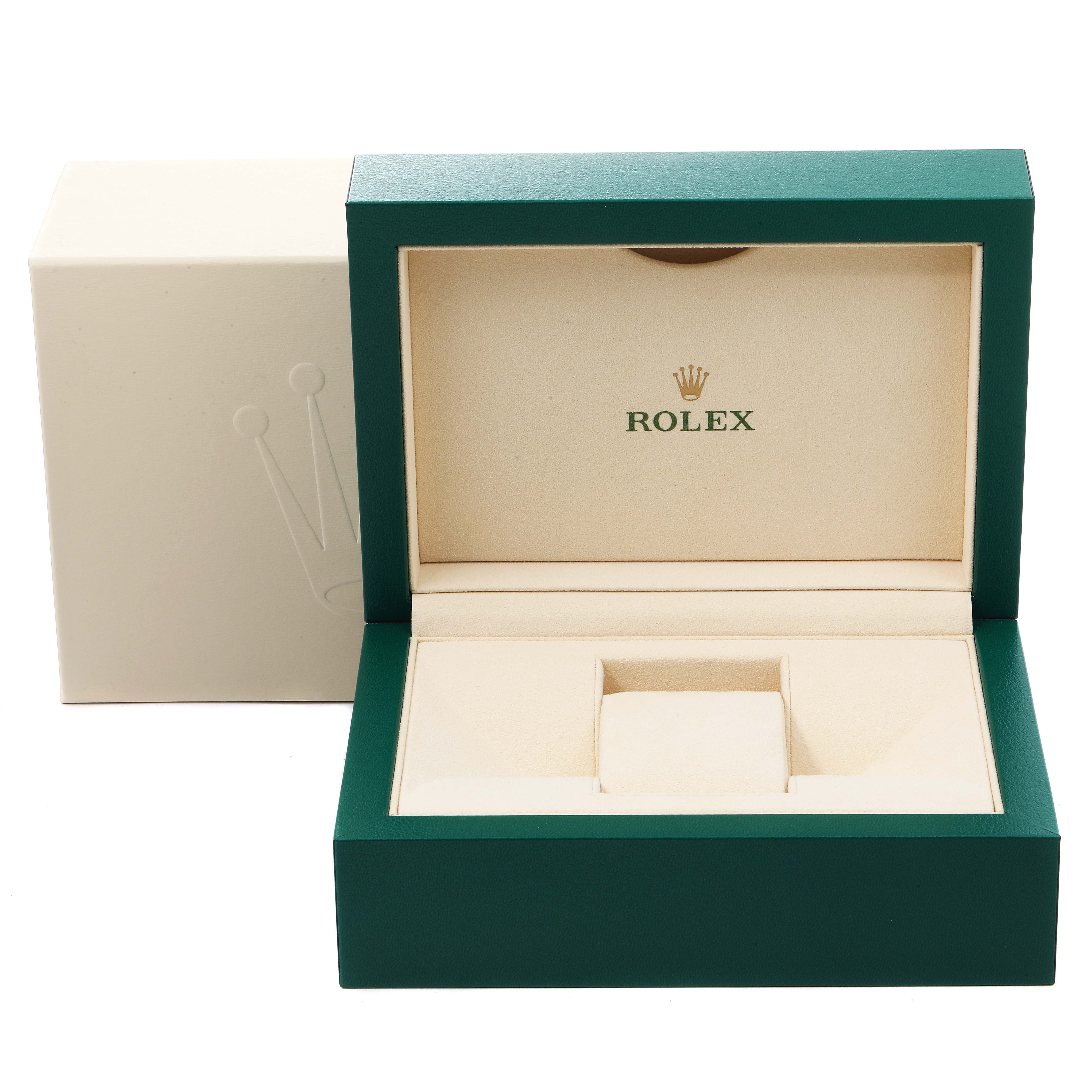 This image shows an open Rolex Mid-Size 178240 Women's Stainless Steel Black Dial 178240 Women's Stainless Steel Black Dial watch box with the lid displaying the Rolex logo.