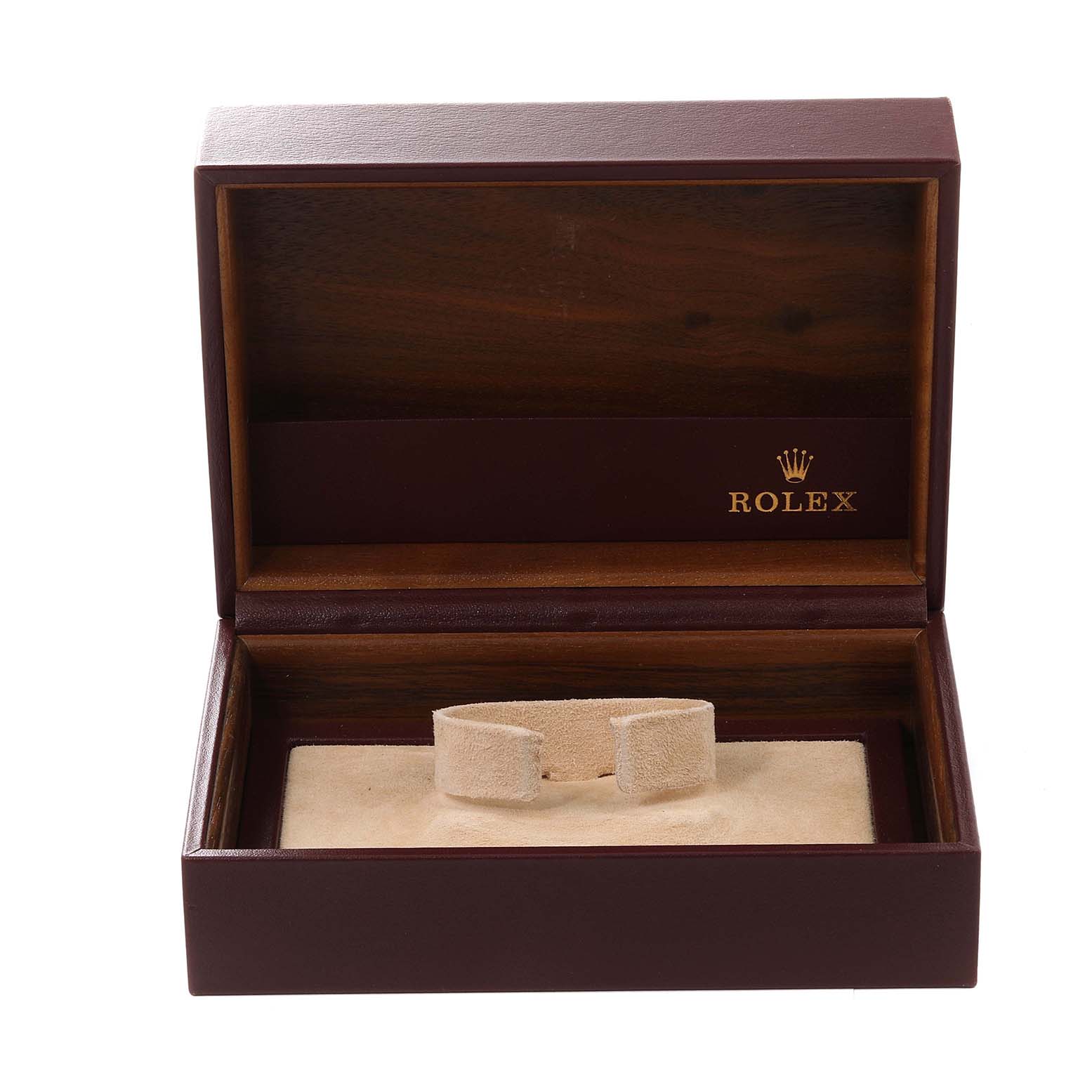 The image shows an open Rolex watch box for the Mid-Size model, with a beige cushion inside.