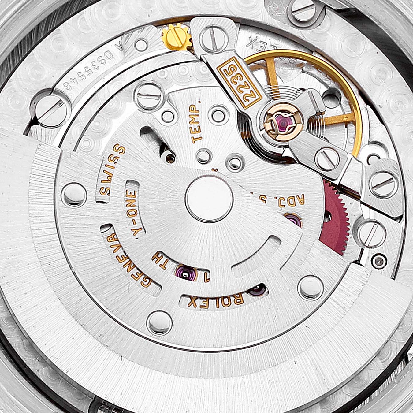This image shows the intricate internal movement mechanism of a Rolex Mid-Size 78246 Women's Platinum White Dial 78246 Women's Platinum White Dial model watch from a top-down perspective.