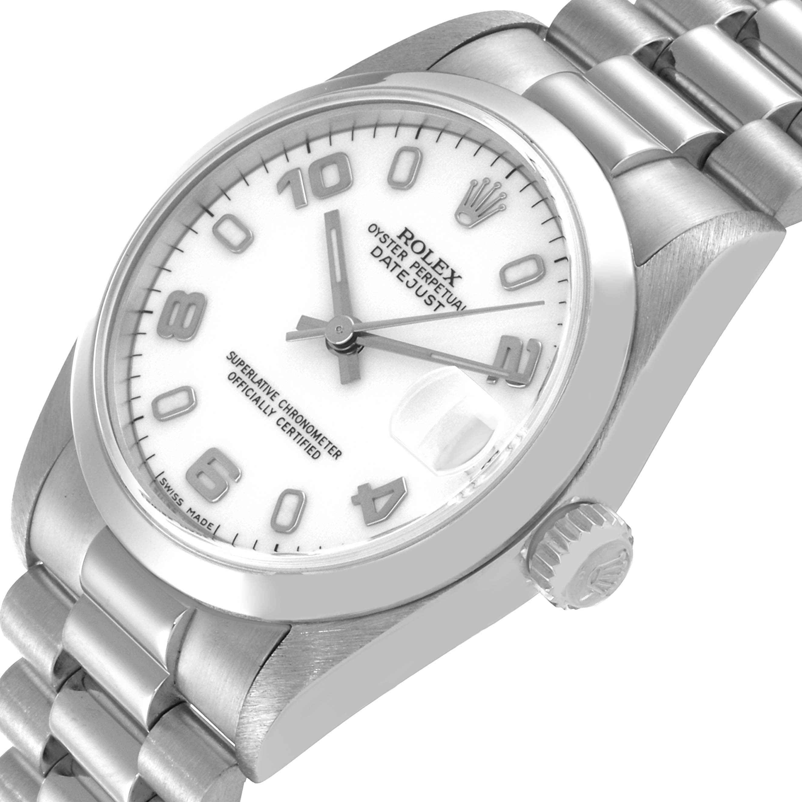 The image shows a Rolex Mid-Size 78246 Women's Platinum White Dial 78246 Women's Platinum White Dial Oyster Perpetual Datejust watch at a slight angle, displaying the dial, case, bezel, crown, and bracelet.