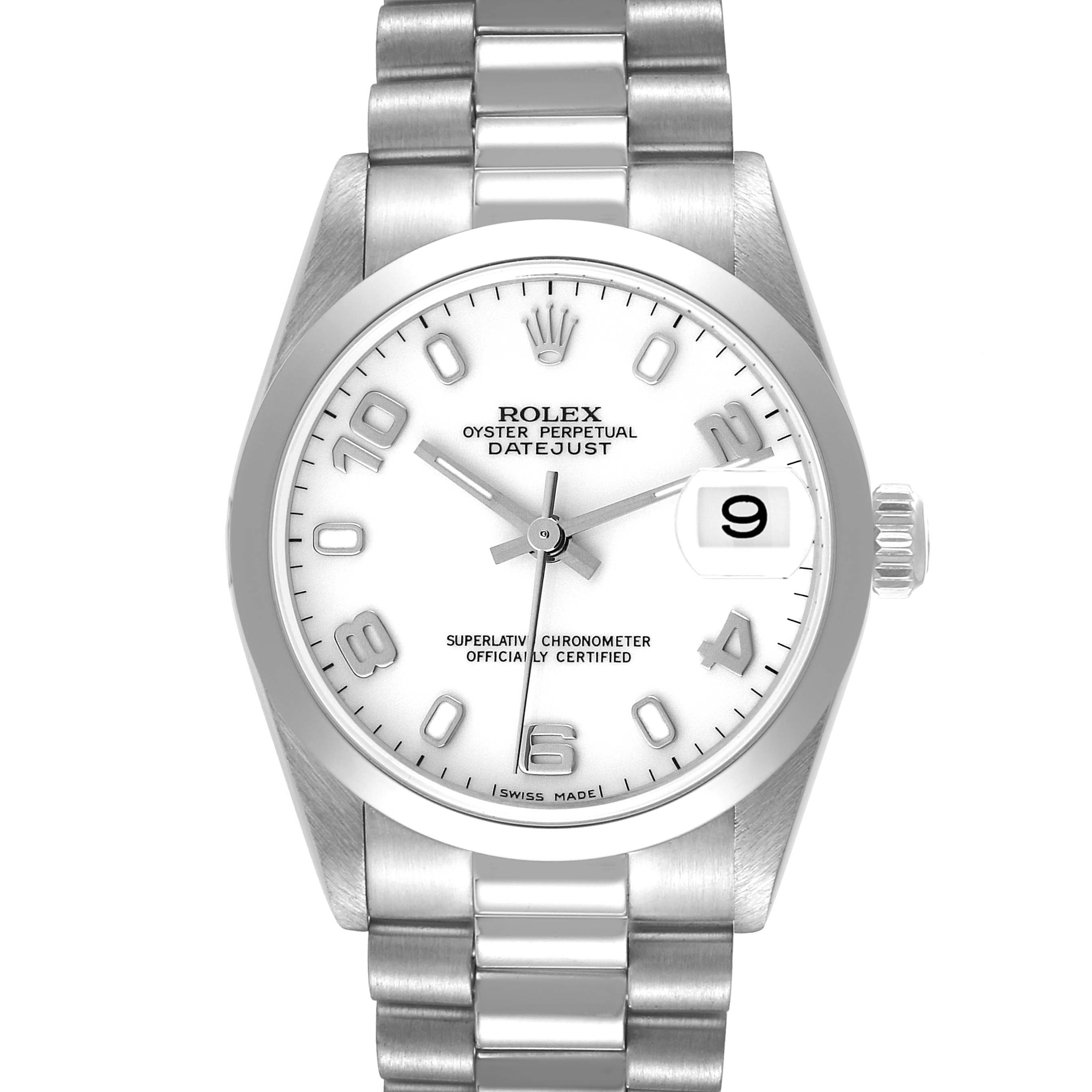 The Rolex Mid-Size 78246 Women's Platinum White Dial 78246 Women's Platinum White Dial Datejust watch is shown from a front angle, displaying the dial, date window, and bracelet.