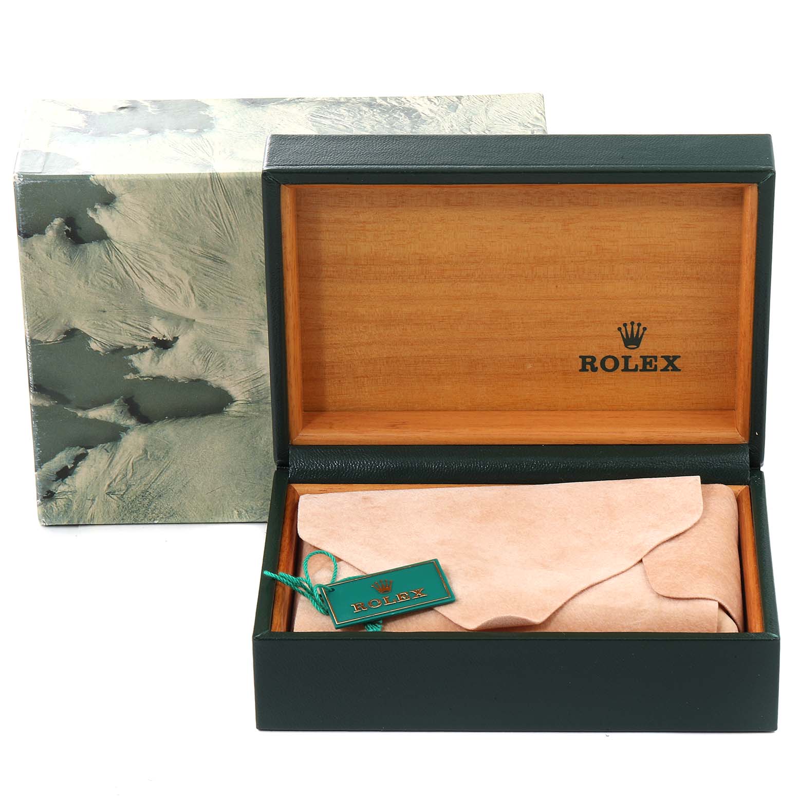 The image shows an open Rolex Datejust 16220 Men's Stainless Steel Silver Dial 16220 Men's Stainless Steel Silver Dial watch box, a suede pouch, and a green tag with the Rolex logo.