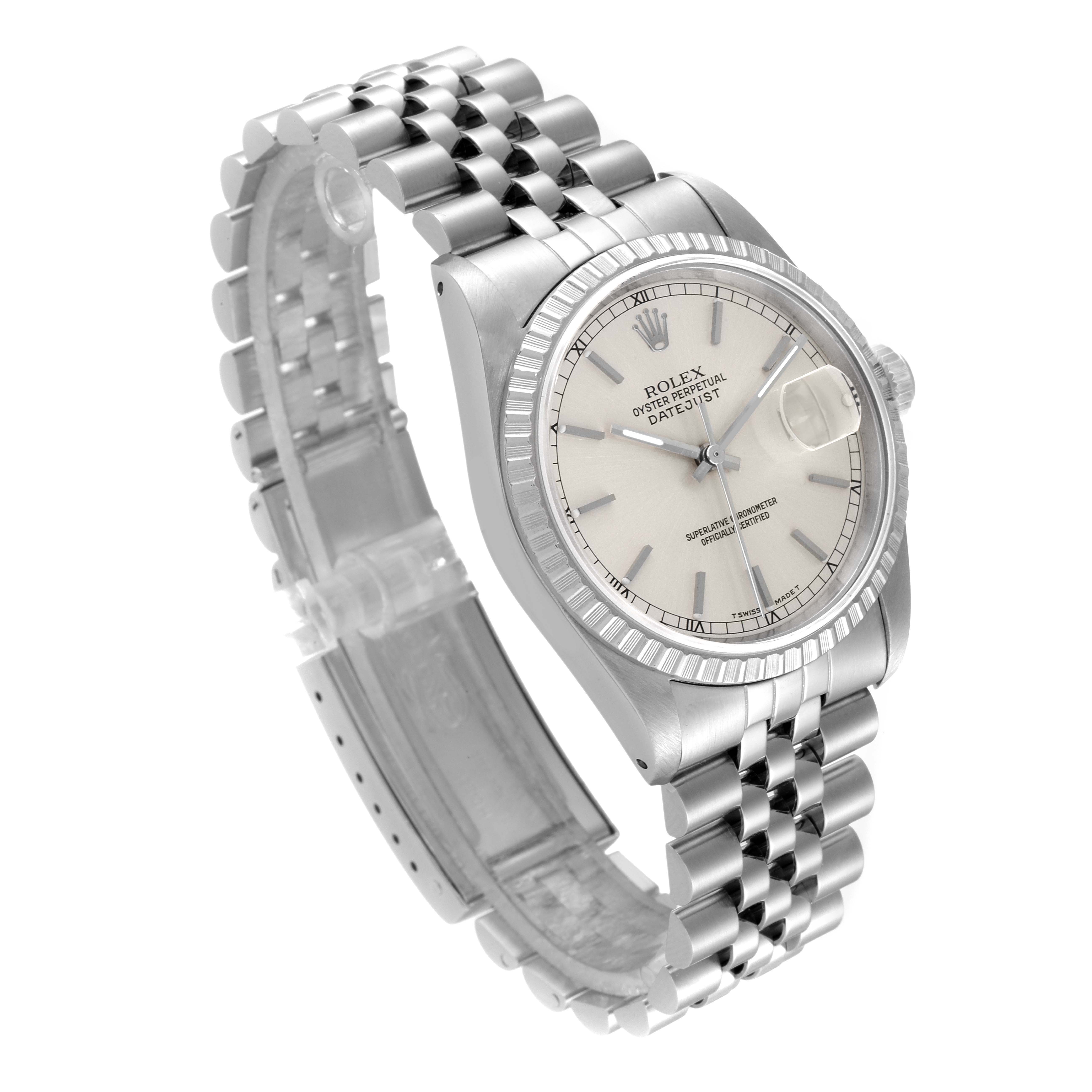 The image shows a Rolex Datejust 16220 Men's Stainless Steel Silver Dial 16220 Men's Stainless Steel Silver Dial watch displayed at a 3/4 angle, highlighting its face, bezel, and jubilee-style bracelet.