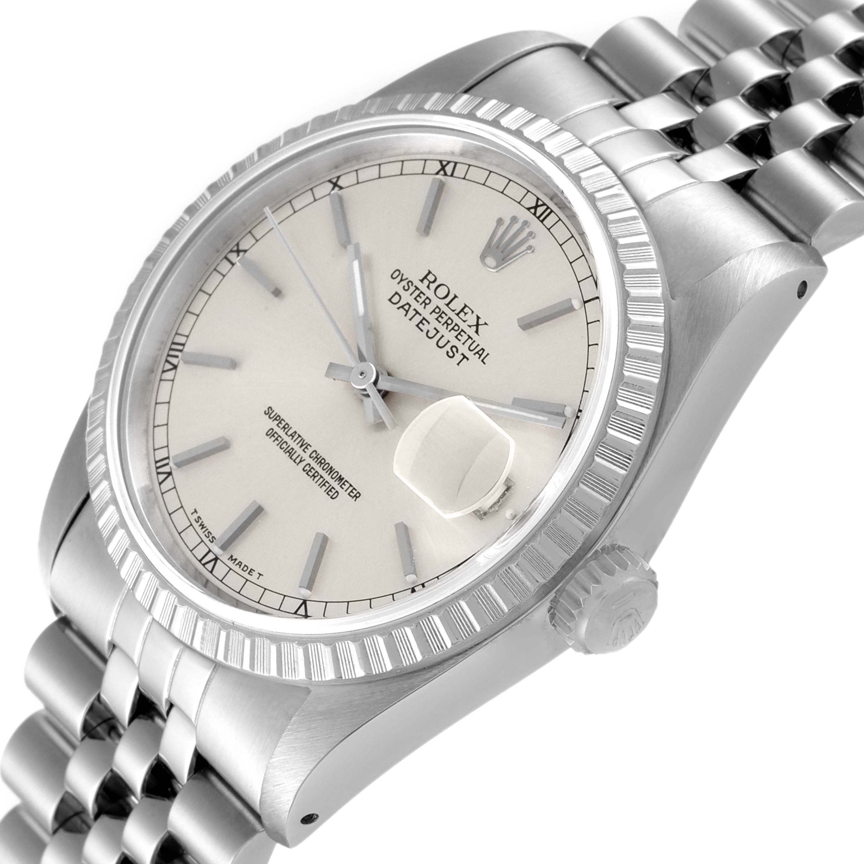 This image shows a Rolex Datejust 16220 Men's Stainless Steel Silver Dial 16220 Men's Stainless Steel Silver Dial watch at a slight oblique angle, highlighting the face, bezel, crown, and part of the bracelet.