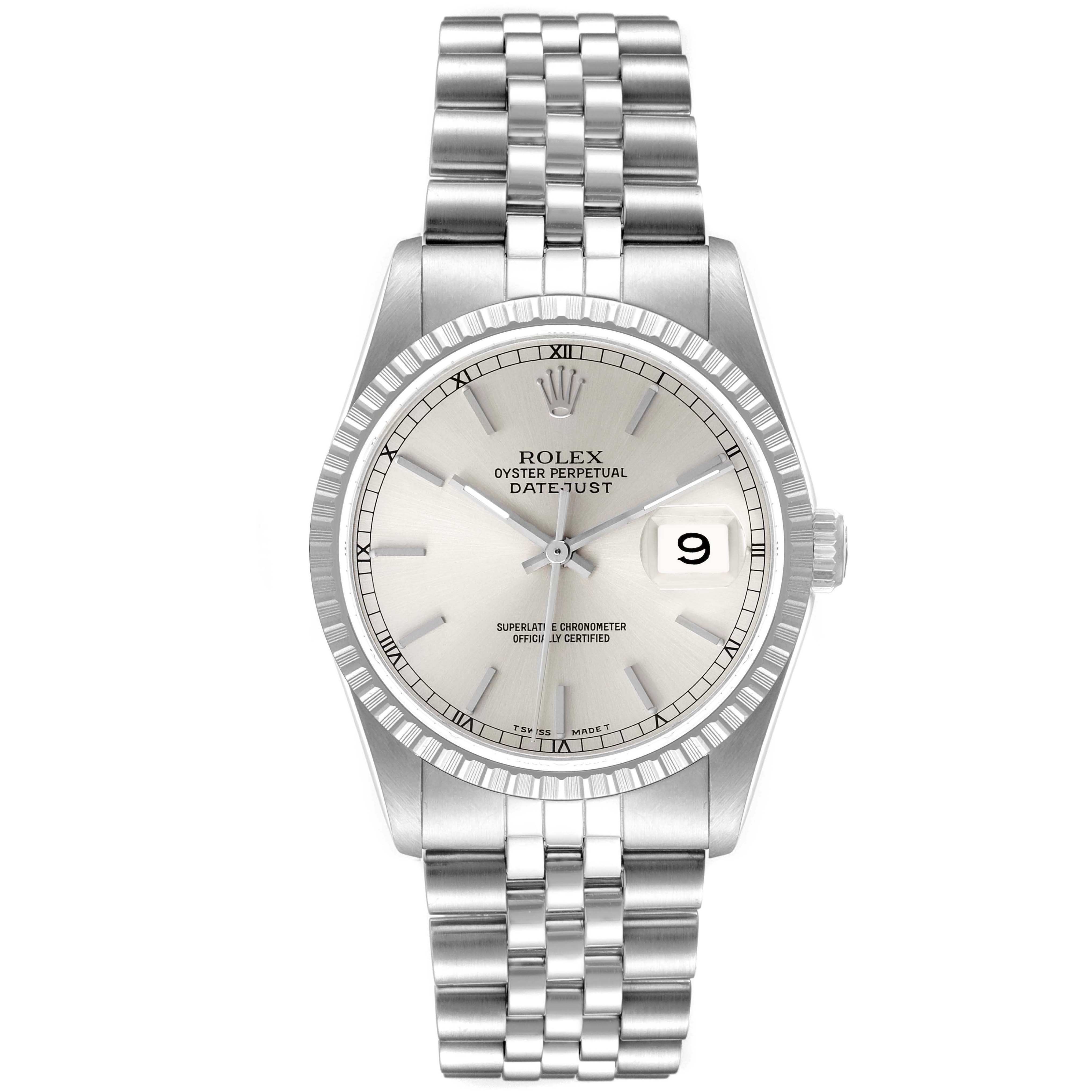 The image shows a front view of the Rolex Datejust 16220 Men's Stainless Steel Silver Dial 16220 Men's Stainless Steel Silver Dial, displaying its dial, date window, and bracelet clearly.