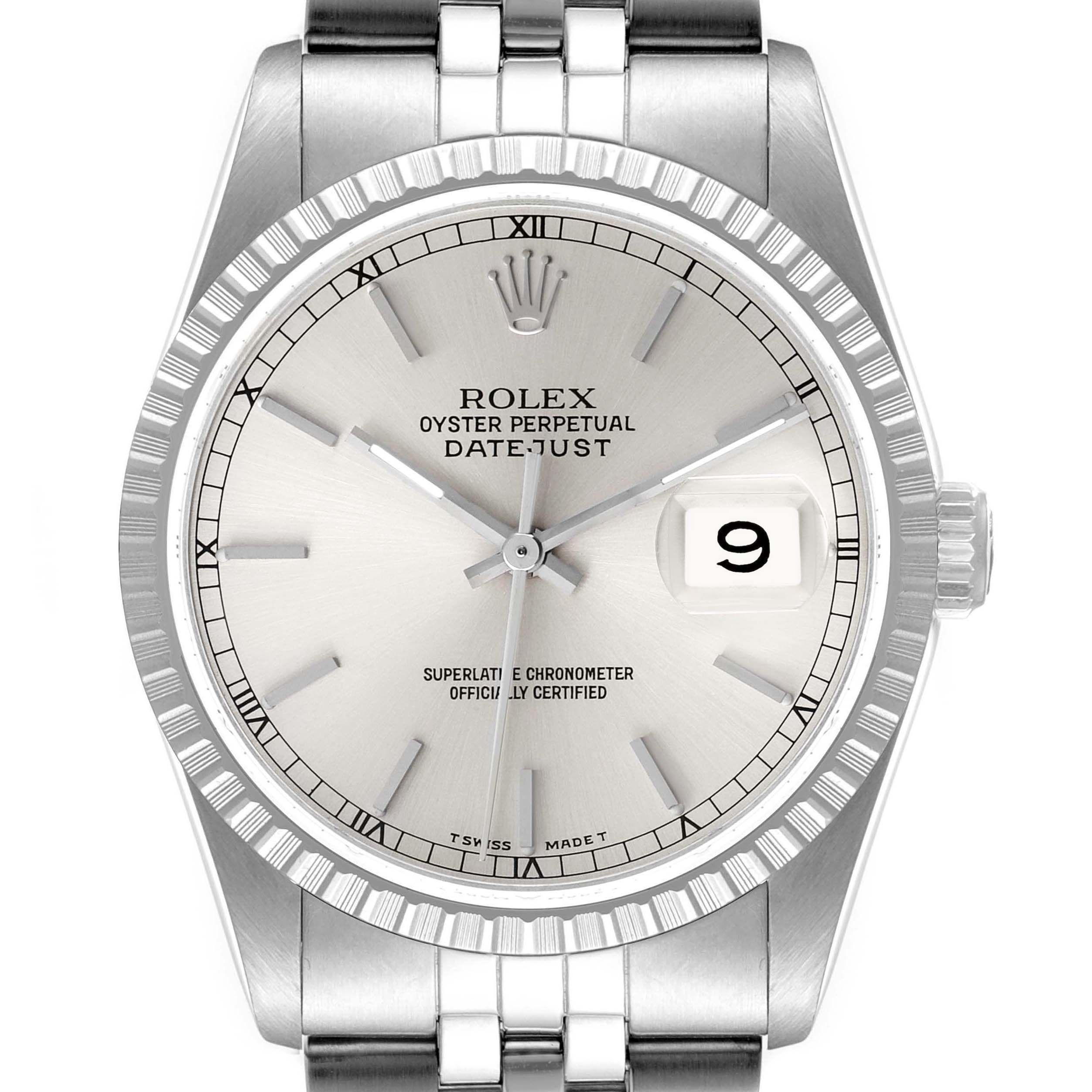 The image shows a front view of the Rolex Datejust 16220 Men's Stainless Steel Silver Dial 16220 Men's Stainless Steel Silver Dial watch, highlighting the dial, bezel, and part of the bracelet.