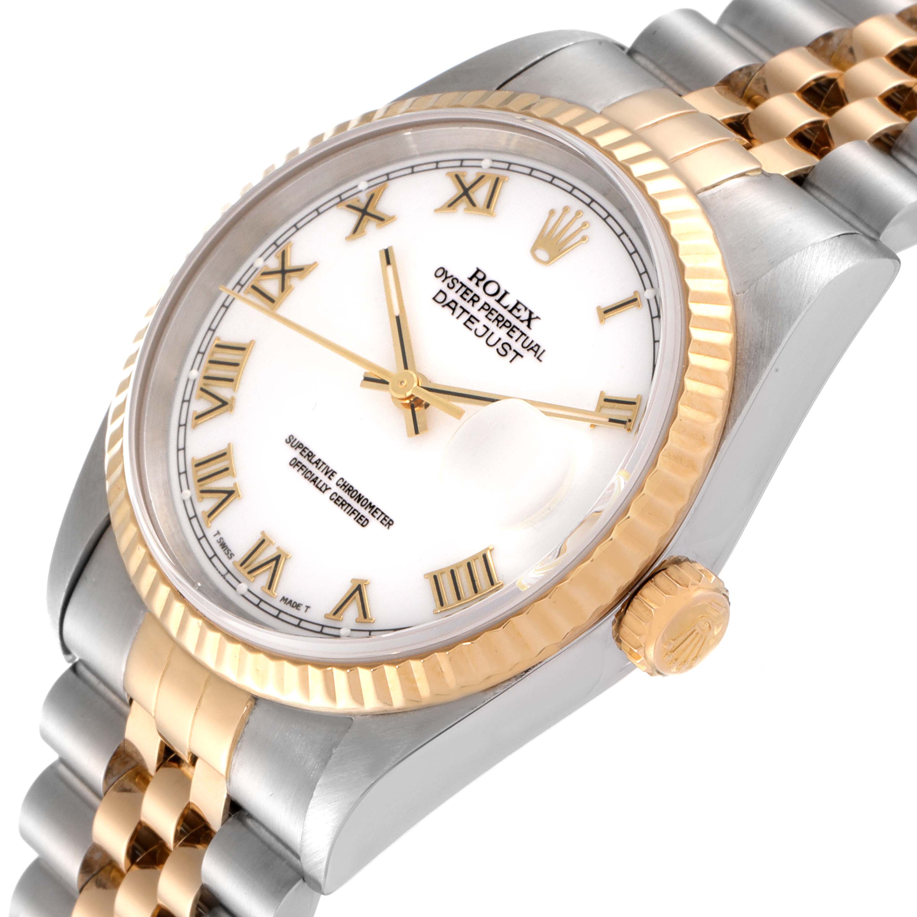 This image shows a close-up of a Rolex Datejust 16233 Men's Steel and Gold (two tone) White Dial 16233 Men's Steel and Gold (two tone) White Dial watch, highlighting the dial, bezel, crown, and part of the bracelet.