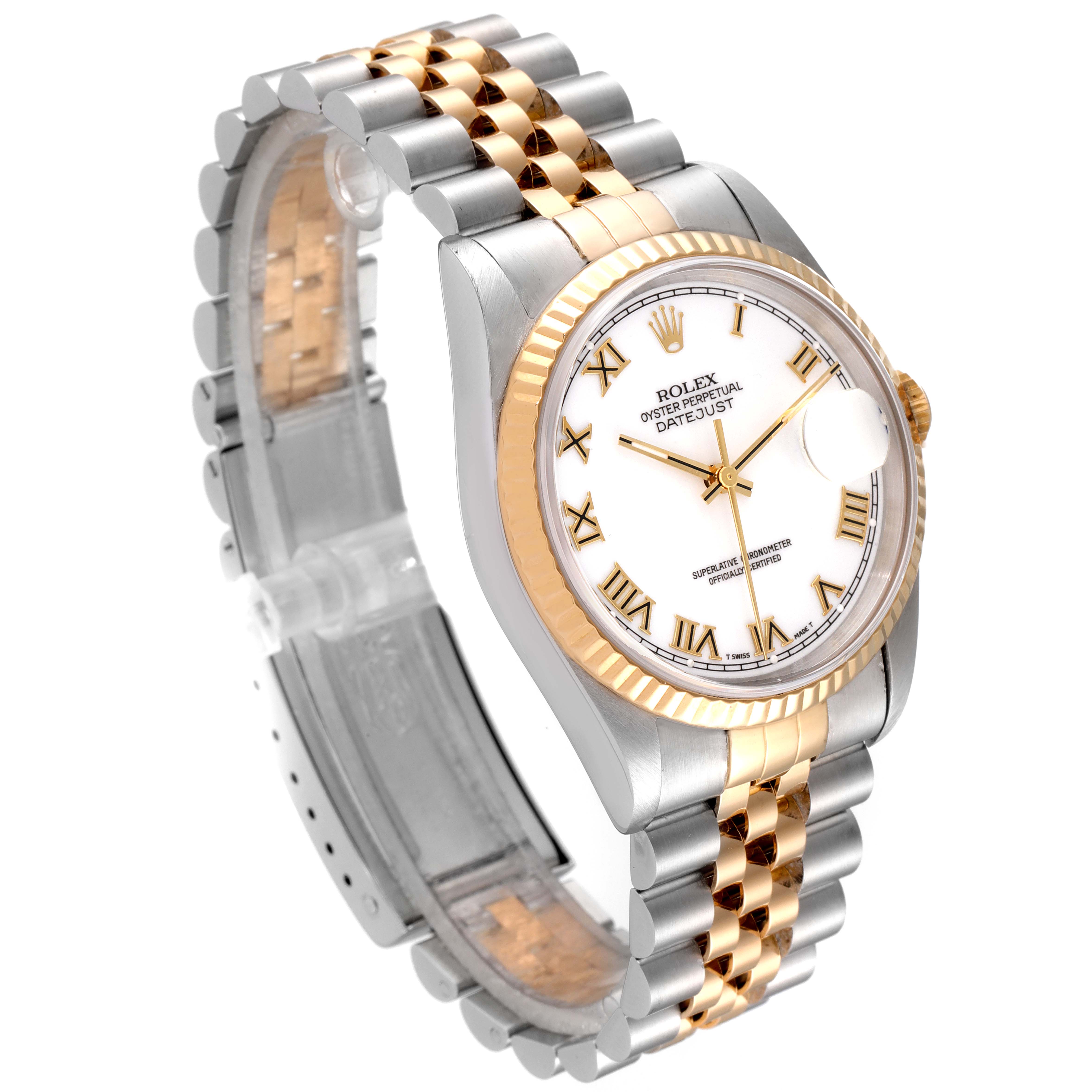 The Rolex Datejust 16233 Men's Steel and Gold (two tone) White Dial 16233 Men's Steel and Gold (two tone) White Dial watch is shown at an angled front view, displaying the dial, bezel, and bracelet.