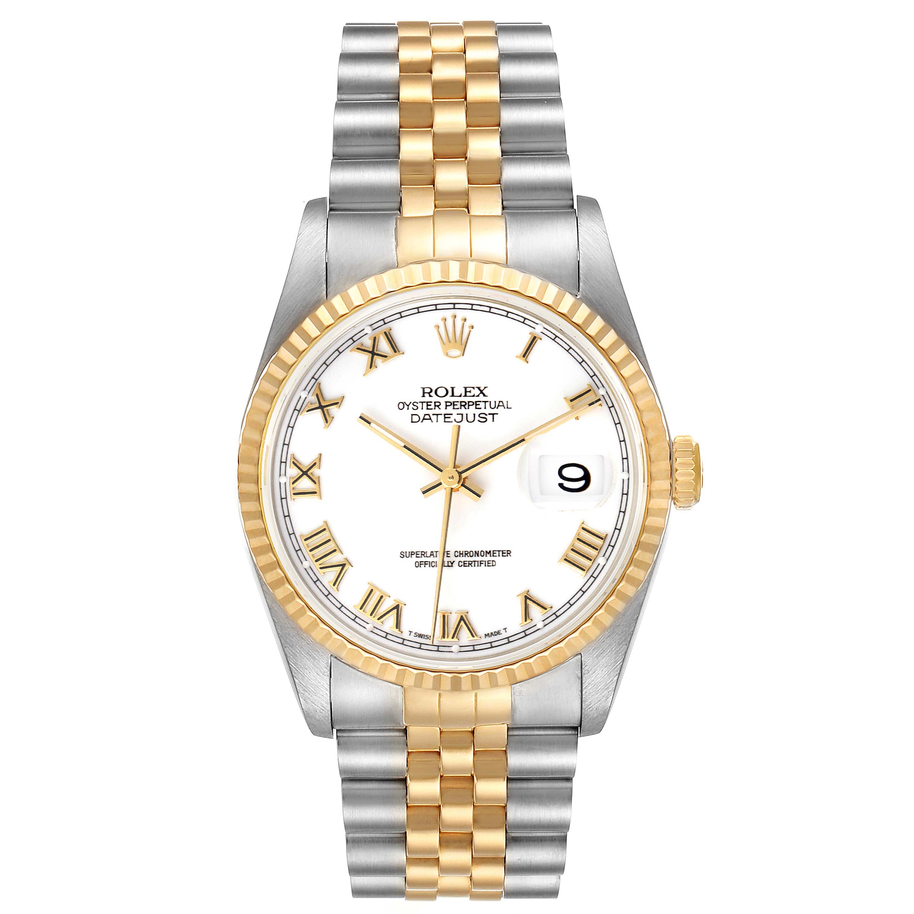 This image shows a front view of a Rolex Datejust 16233 Men's Steel and Gold (two tone) White Dial 16233 Men's Steel and Gold (two tone) White Dial watch, featuring its dial, bezel, and bracelet.