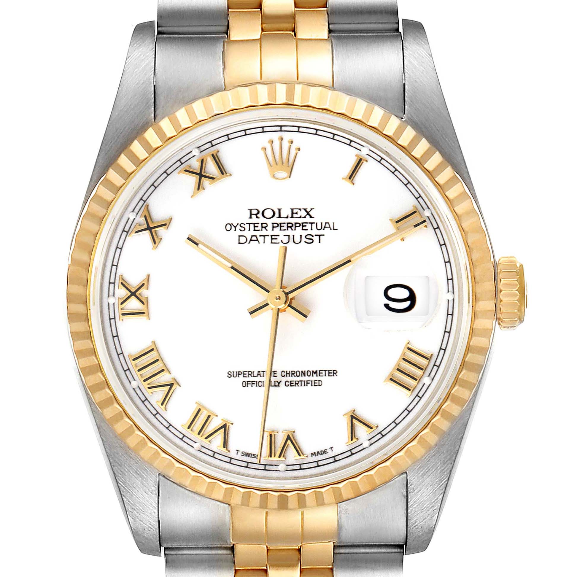 This image shows a front view of a Rolex Datejust 16233 Men's Steel and Gold (two tone) White Dial 16233 Men's Steel and Gold (two tone) White Dial watch, highlighting the dial, bezel, and part of the bracelet.