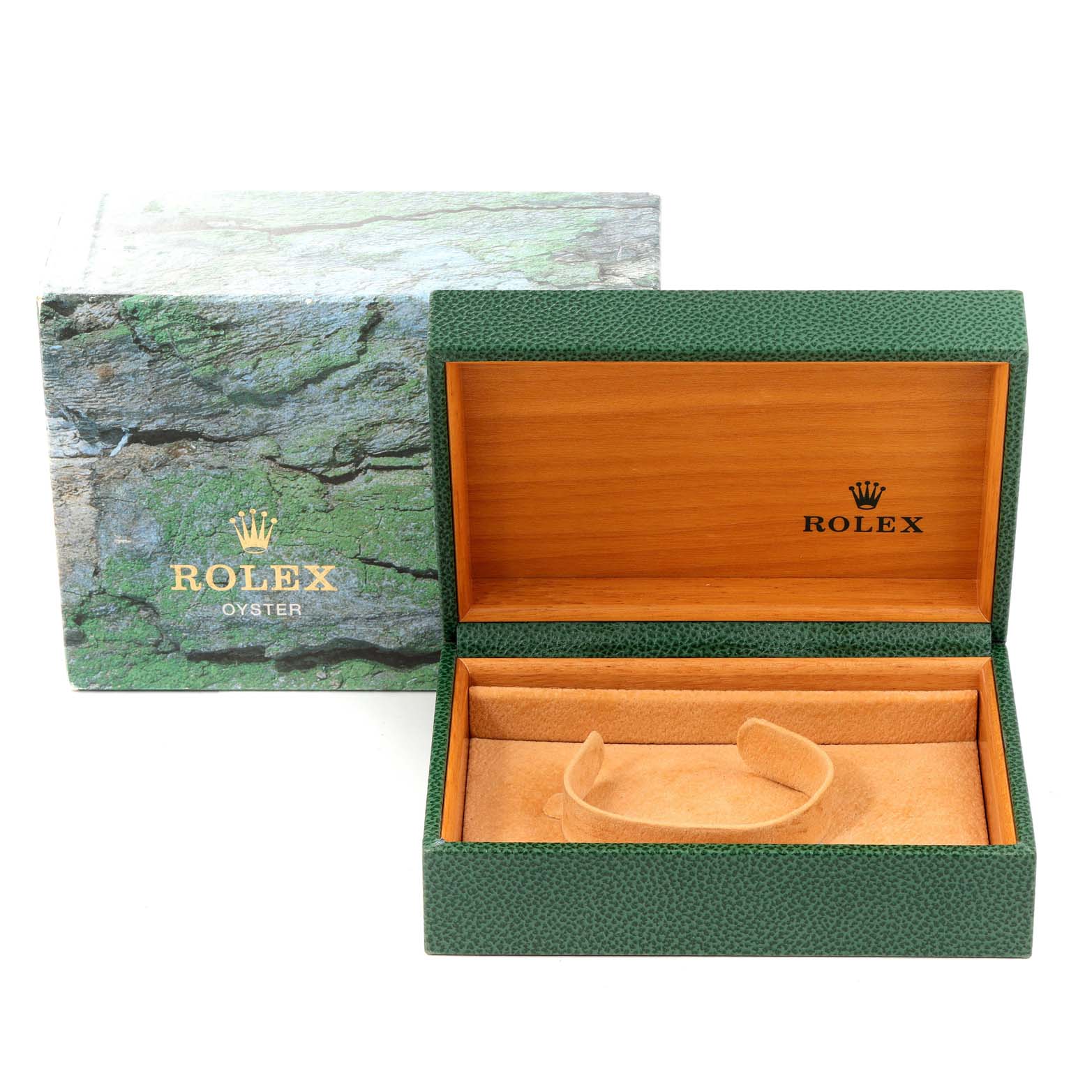 The image shows an open green Rolex Datejust 16233 Men's Steel and Gold (two tone) White Dial 16233 Men's Steel and Gold (two tone) White Dial watch box with its accompanying outer box behind it.