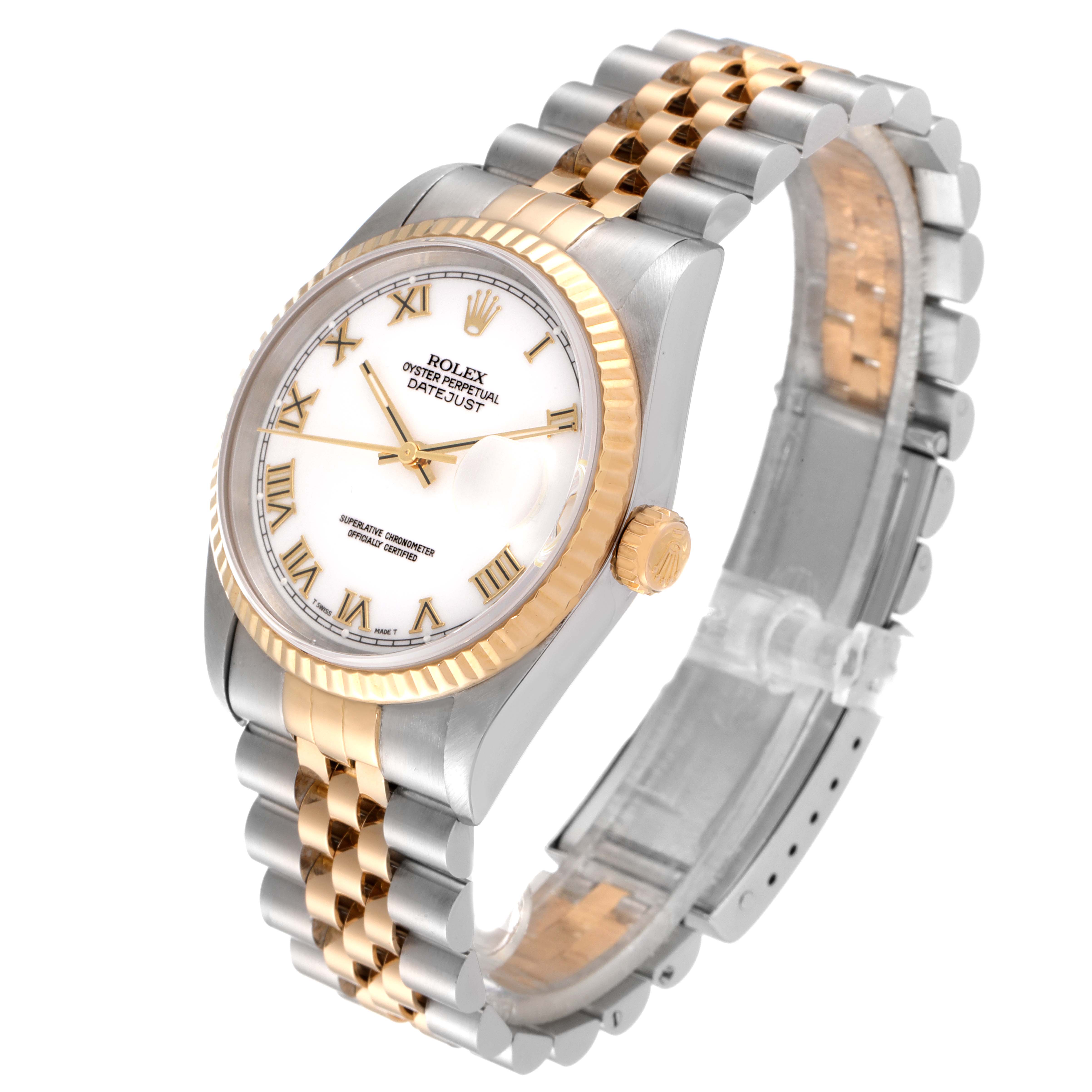 The image shows a Rolex Datejust 16233 Men's Steel and Gold (two tone) White Dial 16233 Men's Steel and Gold (two tone) White Dial watch at an angle highlighting its dial, bezel, crown, and bracelet.