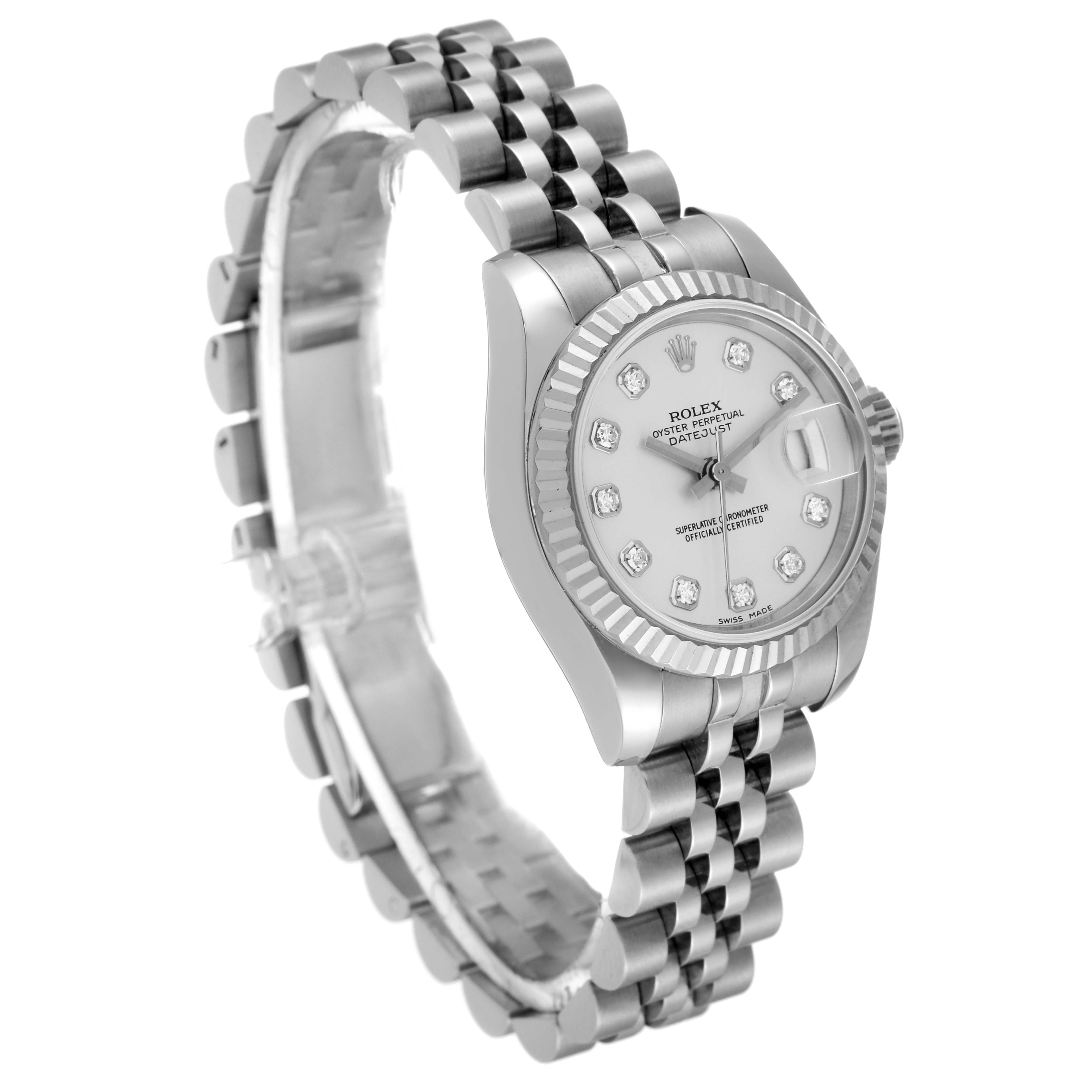 A Rolex Datejust 179174 Women's Stainless Steel Silver Dial 179174 Women's Stainless Steel Silver Dial watch is shown at an angled view, displaying its bracelet, case, and dial.
