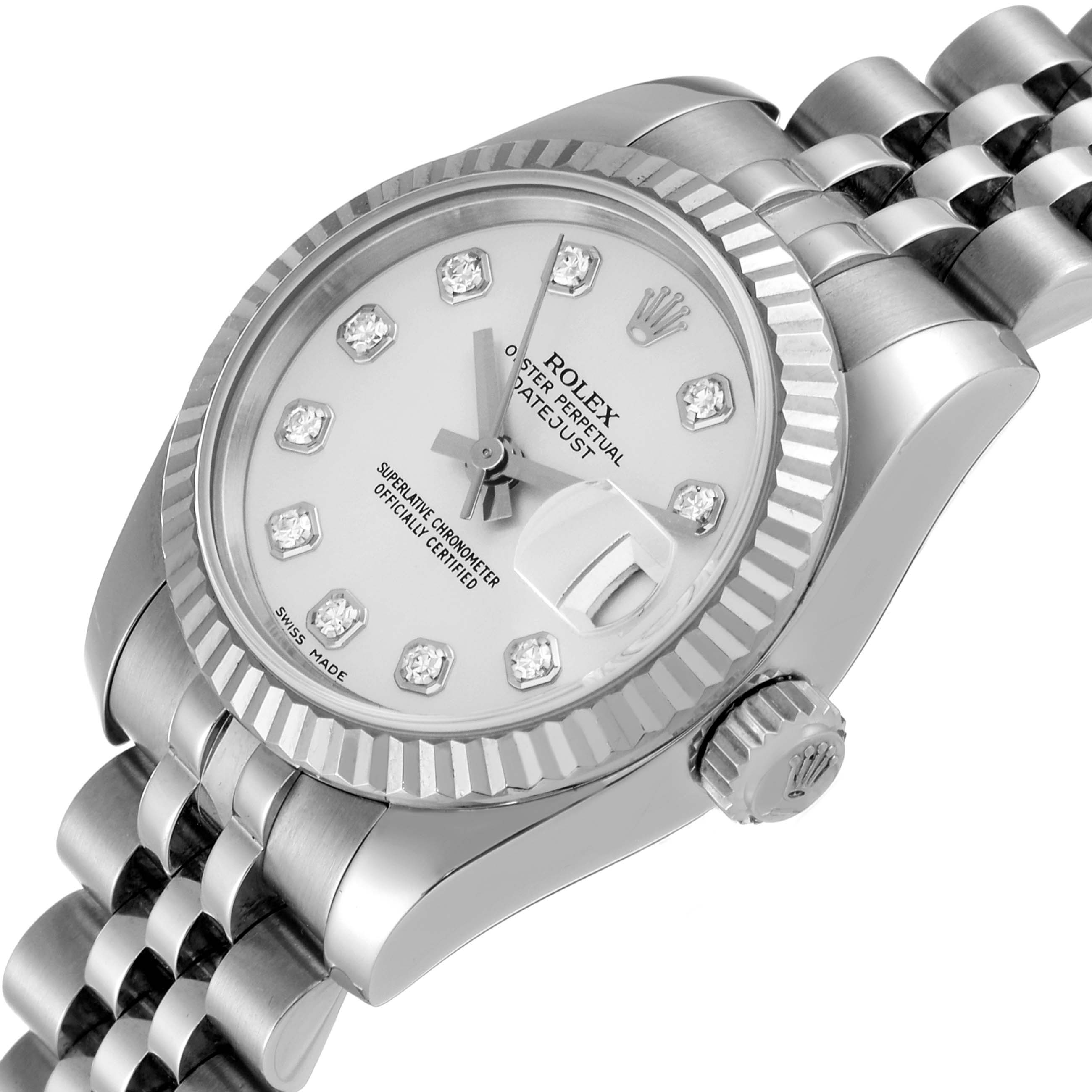 This image shows a Rolex Datejust 179174 Women's Stainless Steel Silver Dial 179174 Women's Stainless Steel Silver Dial watch at an angled view highlighting the face, bezel, crown, and part of the bracelet.