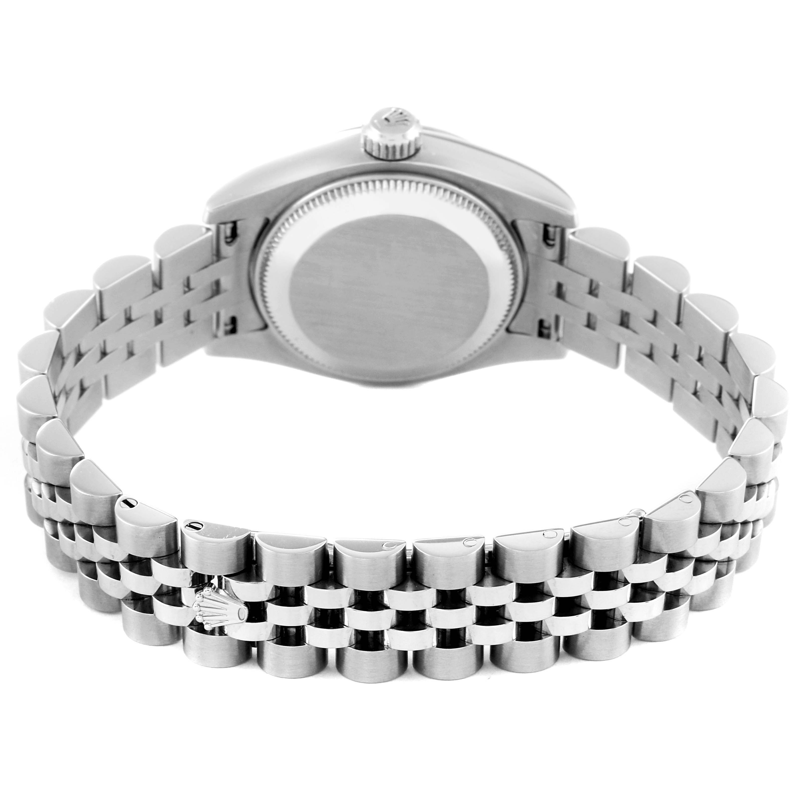 The image shows the back case and bracelet of a Rolex Datejust 179174 Women's Stainless Steel Silver Dial 179174 Women's Stainless Steel Silver Dial watch from a rear angle.