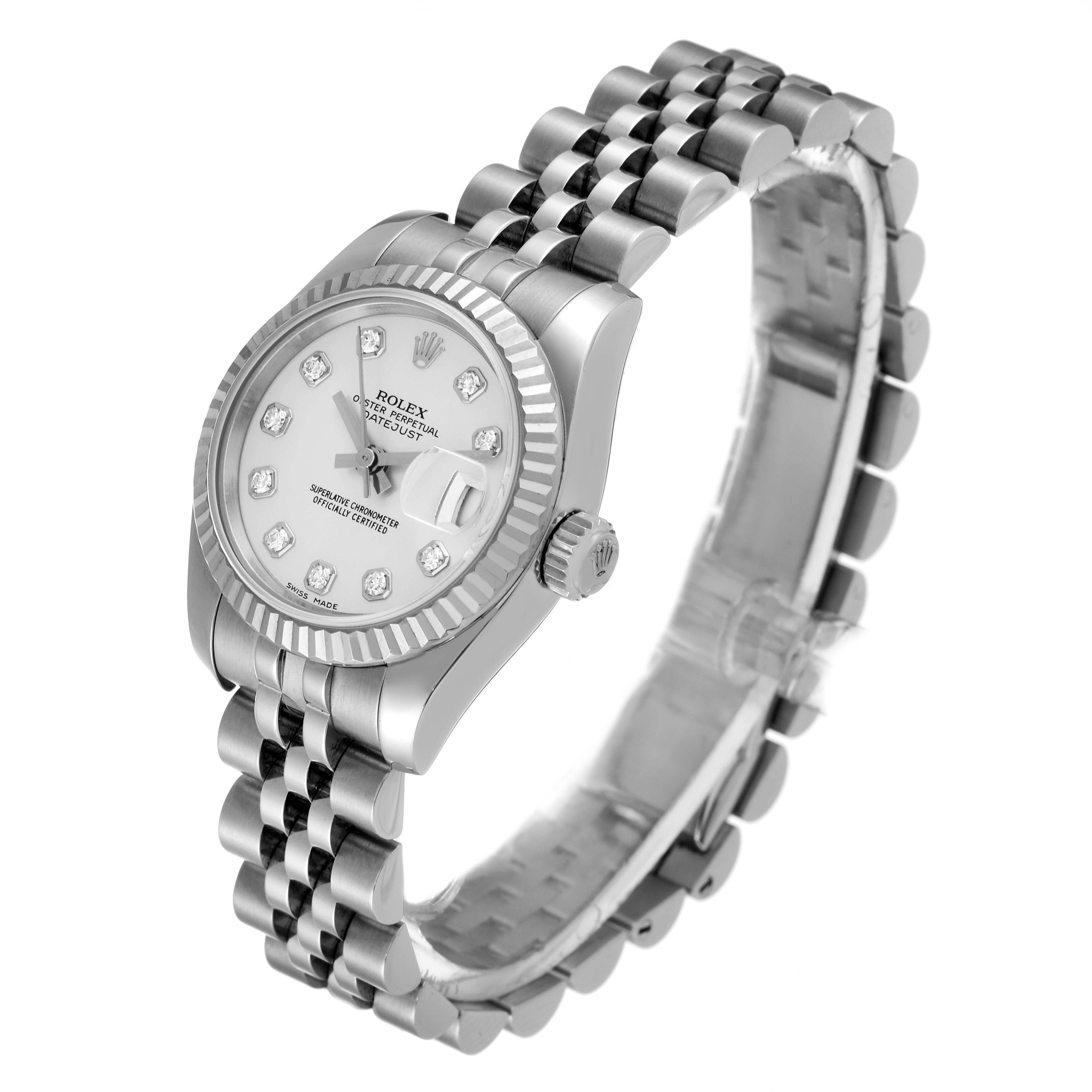This image shows the Rolex Datejust 179174 Women's Stainless Steel Silver Dial 179174 Women's Stainless Steel Silver Dial model at a three-quarter angle, highlighting the dial, bezel, and bracelet.