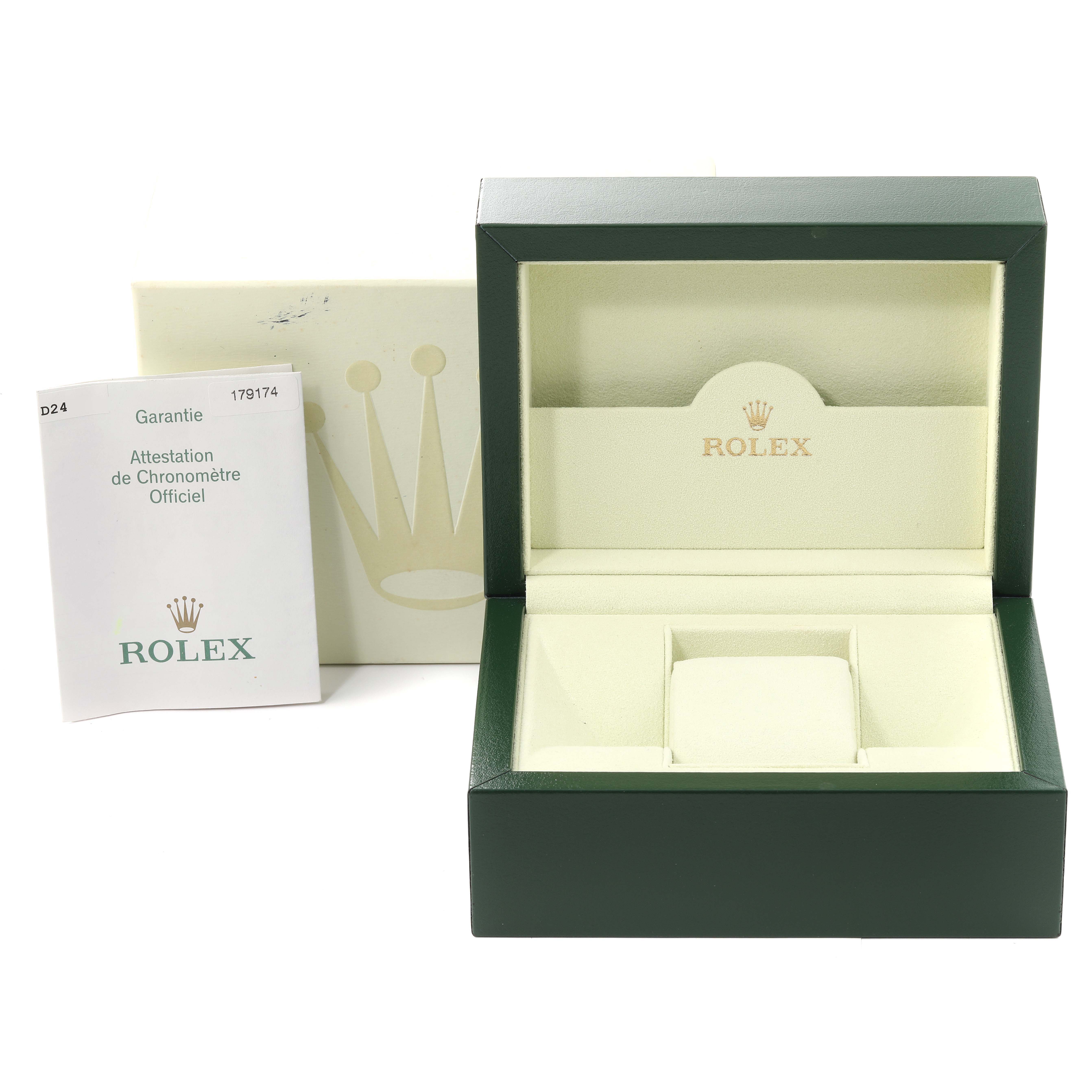 The image shows an open Rolex Datejust 179174 Women's Stainless Steel Silver Dial 179174 Women's Stainless Steel Silver Dial watch box and a warranty card on the left.