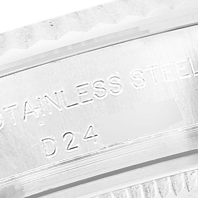 The image shows a close-up of the stainless steel engraving on the case back of a Rolex Datejust 179174 Women's Stainless Steel Silver Dial 179174 Women's Stainless Steel Silver Dial watch.