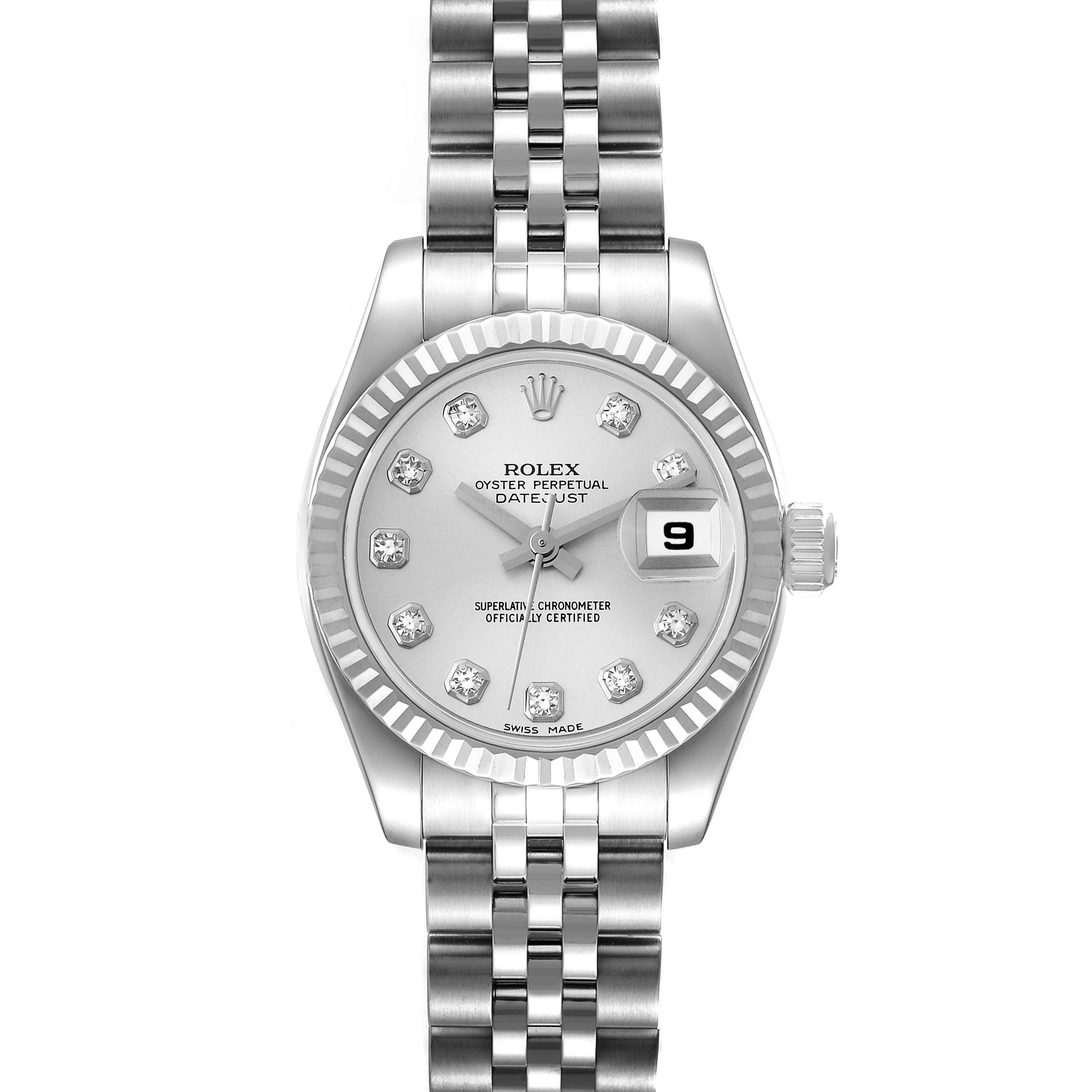 The Rolex Datejust 179174 Women's Stainless Steel Silver Dial 179174 Women's Stainless Steel Silver Dial watch is shown from the front, displaying its dial, bezel, crown, and bracelet.