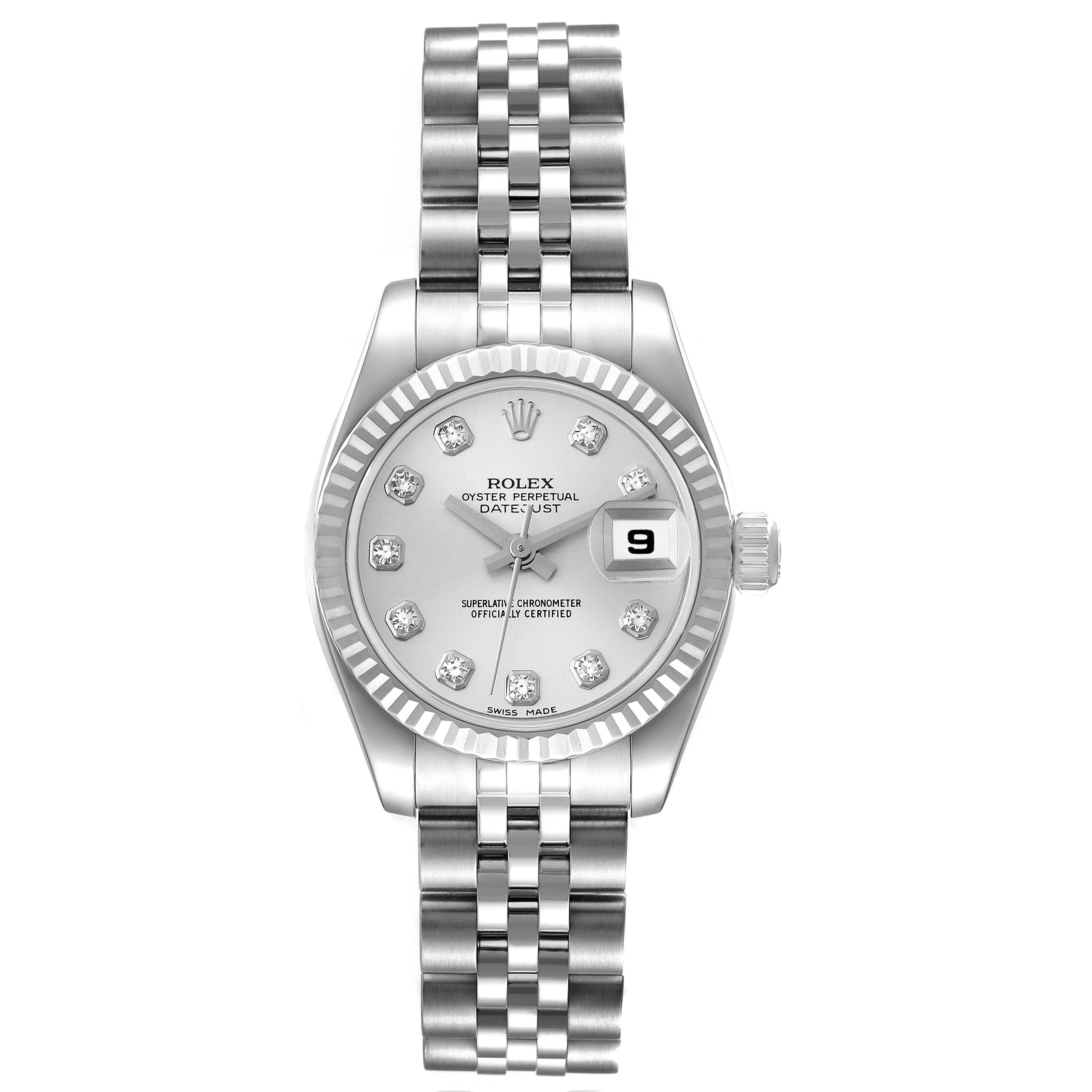 The image shows a Rolex Datejust 179174 Women's Stainless Steel Silver Dial 179174 Women's Stainless Steel Silver Dial watch from a straight-on view, displaying the dial, bezel, and bracelet.