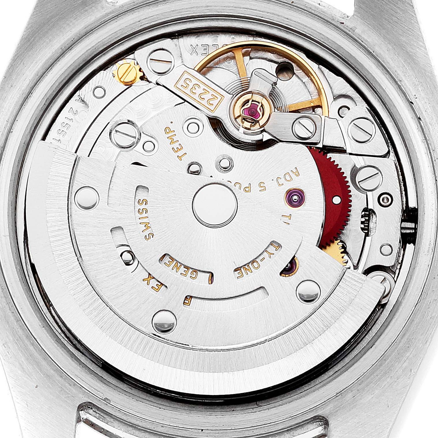 The image shows the movement mechanism of a Rolex Datejust 179174 Women's Stainless Steel Silver Dial 179174 Women's Stainless Steel Silver Dial model, viewed from the back.