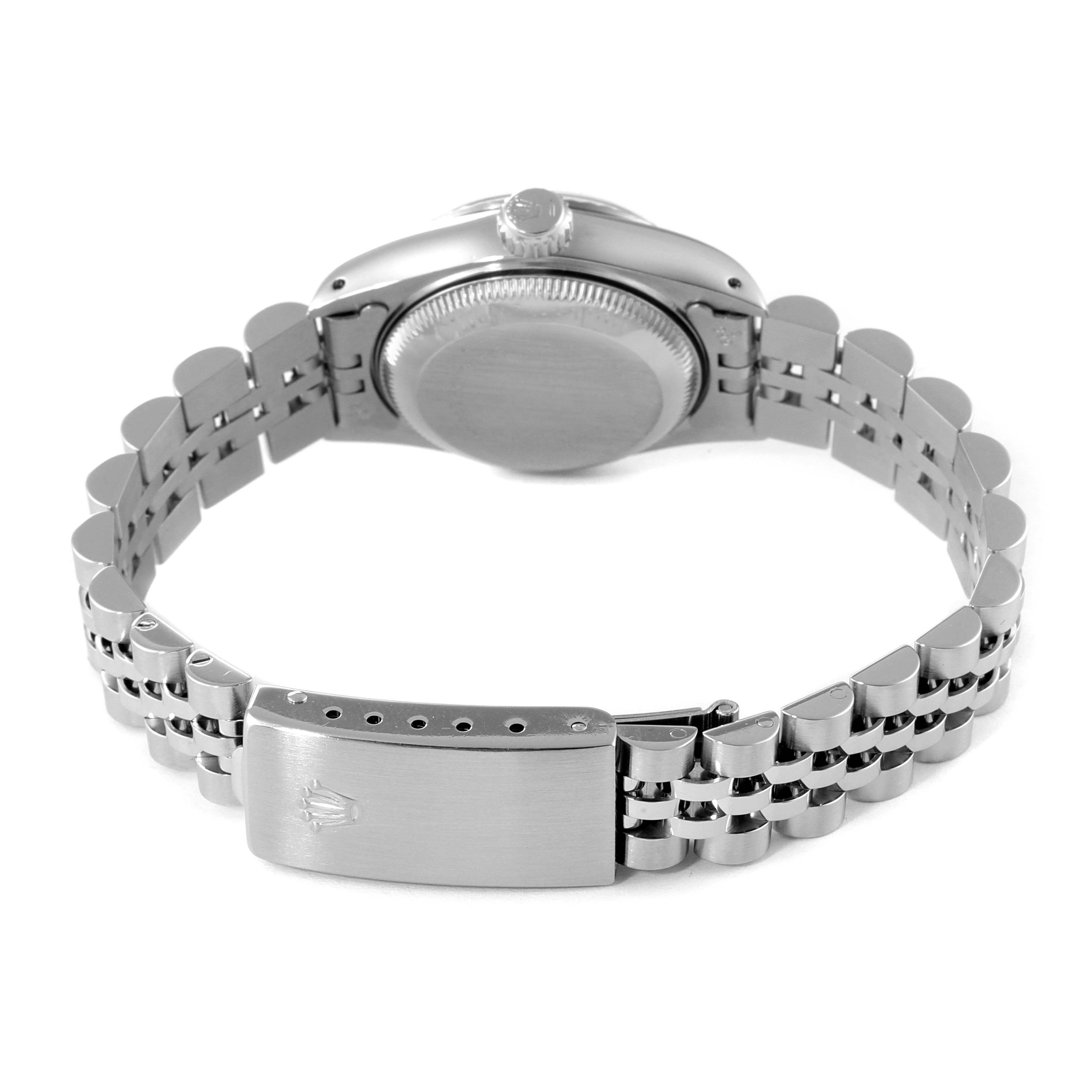 This image shows the back of the Rolex Datejust 69174 Women
s Stainless Steel Silver Dial 69174 Women
s Stainless Steel Silver Dial watch, focusing on the bracelet and clasp.