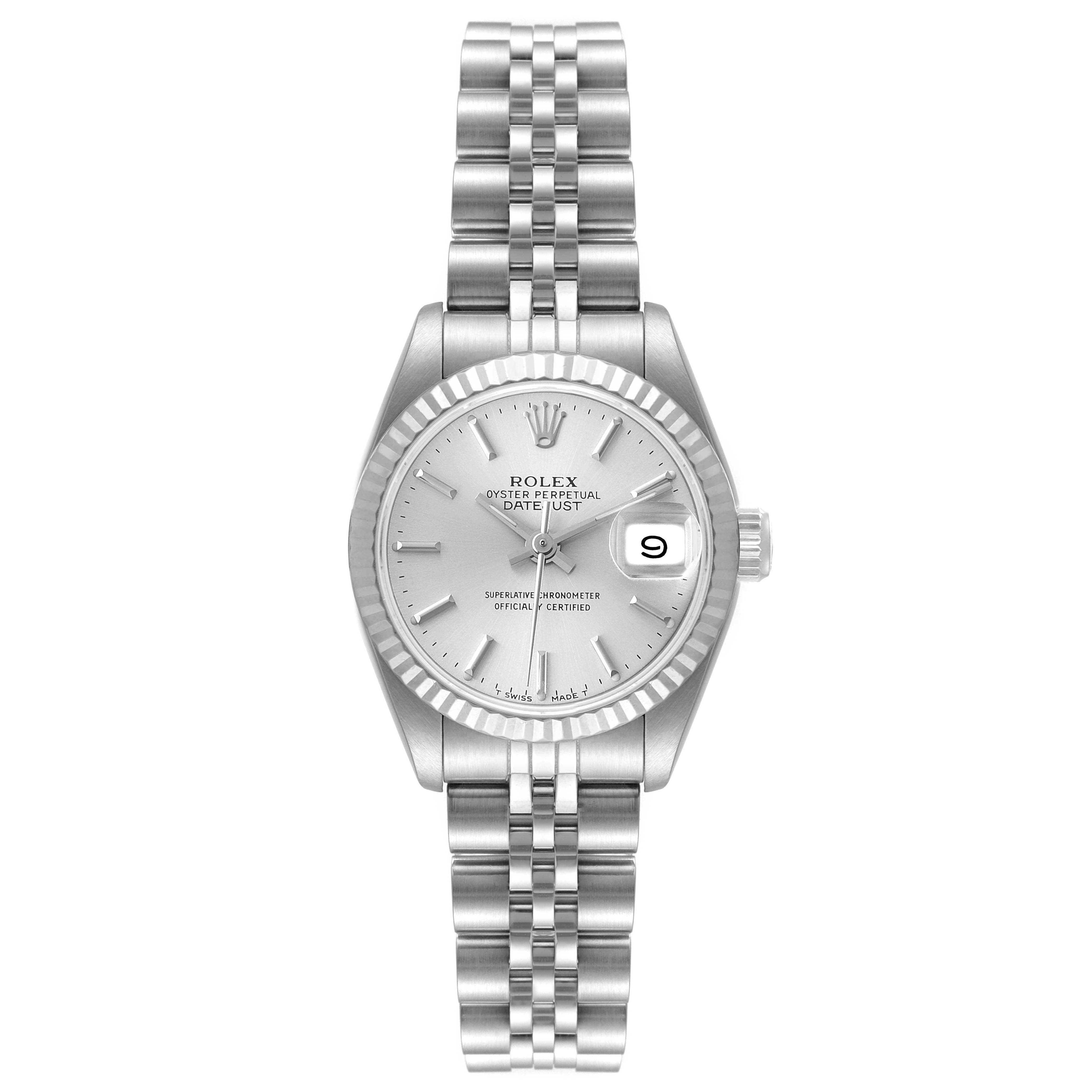 This image shows a Rolex Datejust 69174 Women
s Stainless Steel Silver Dial 69174 Women
s Stainless Steel Silver Dial watch from a top-down angle, displaying the bracelet, dial, bezel, and cyclops lens over the date.