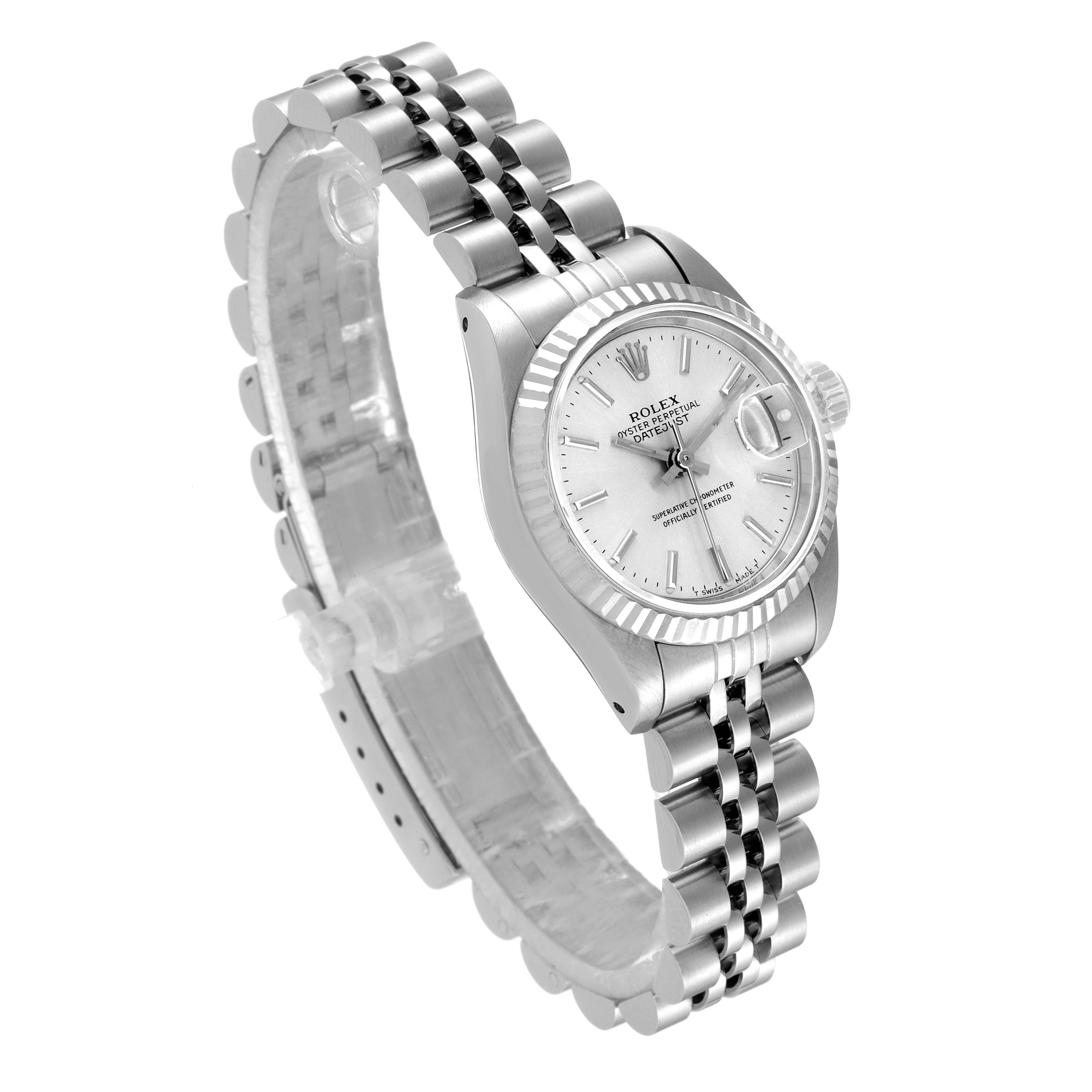 The image shows a Rolex Datejust 69174 Women
s Stainless Steel Silver Dial 69174 Women
s Stainless Steel Silver Dial watch viewed from the front at an angle, highlighting the dial, case, and bracelet.