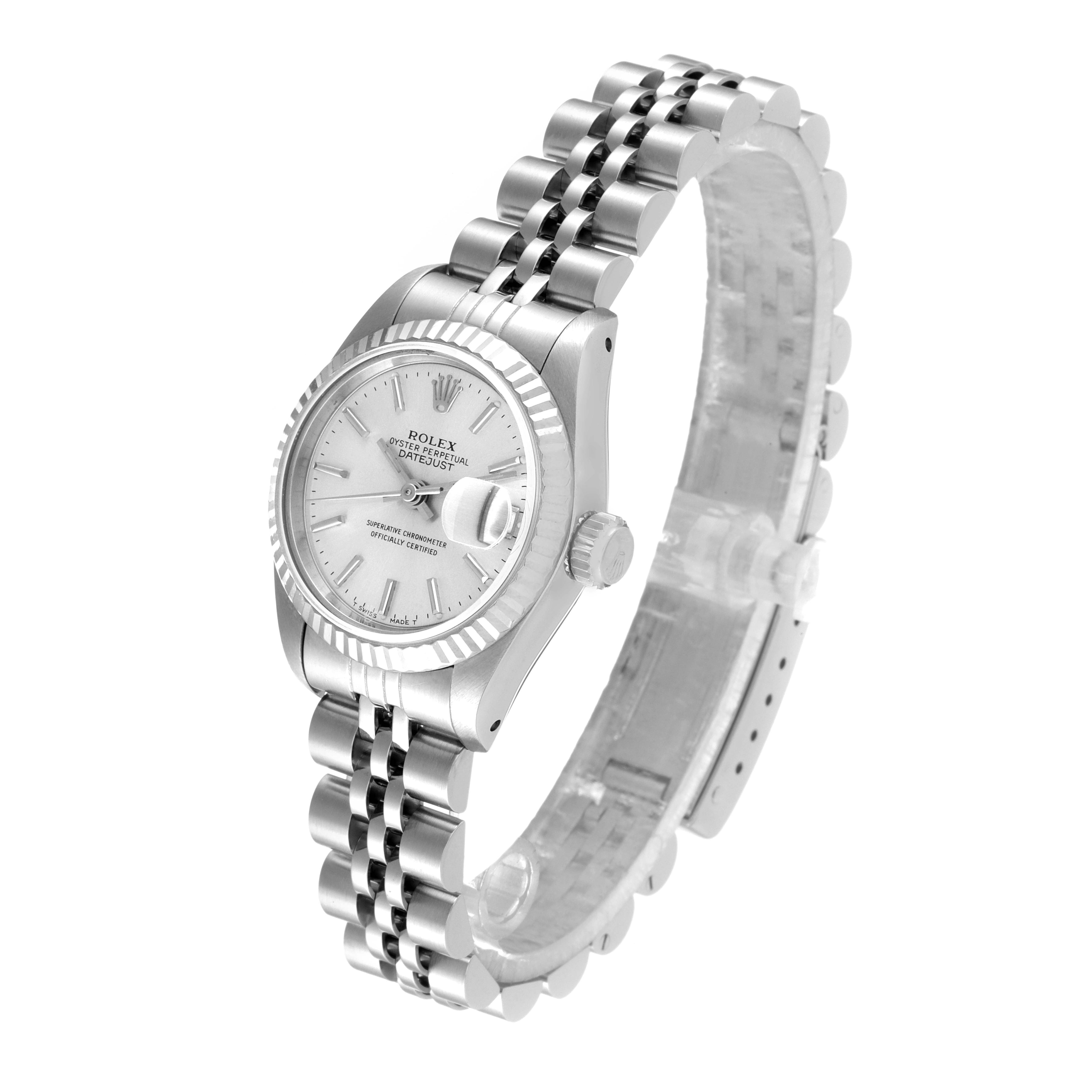 This image shows a side view of the Rolex Datejust 69174 Women
s Stainless Steel Silver Dial 69174 Women
s Stainless Steel Silver Dial watch with its dial, case, and bracelet visible.