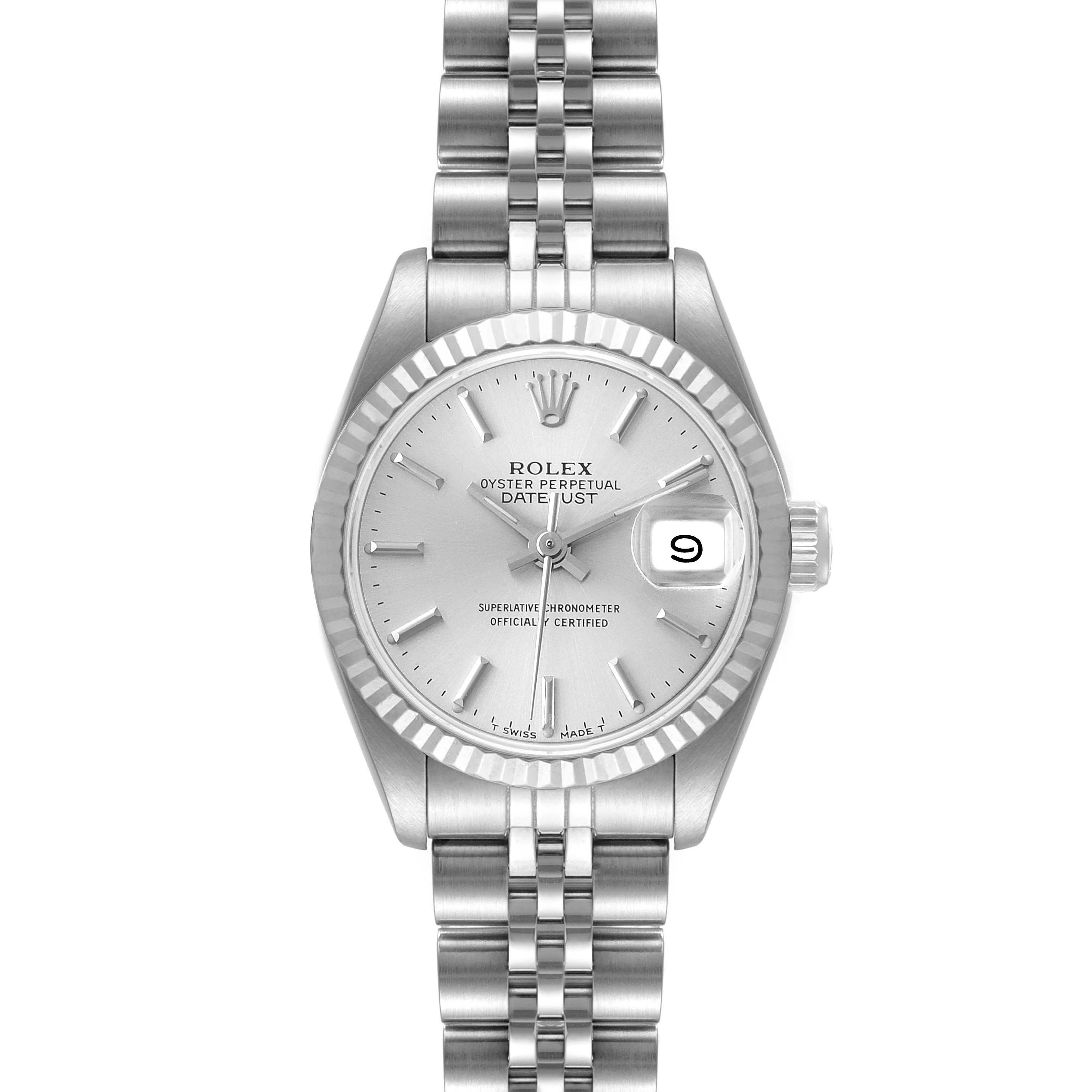 The image shows a Rolex Datejust 69174 Women
s Stainless Steel Silver Dial 69174 Women
s Stainless Steel Silver Dial watch from the front, displaying its dial, bezel, and part of the bracelet.