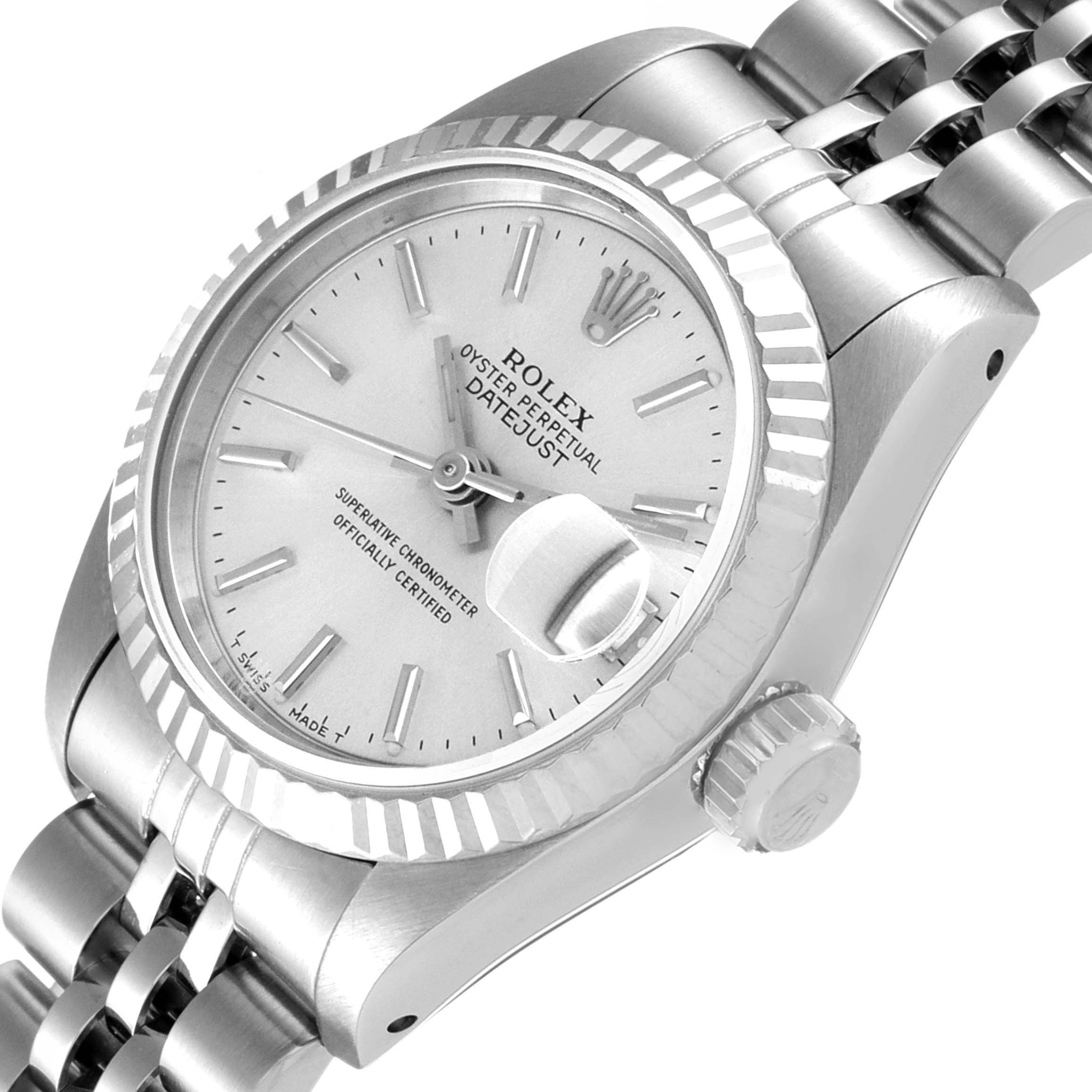 The Rolex Datejust 69174 Women
s Stainless Steel Silver Dial 69174 Women
s Stainless Steel Silver Dial watch is shown at an angled close-up, highlighting the dial, bezel, and part of the bracelet.