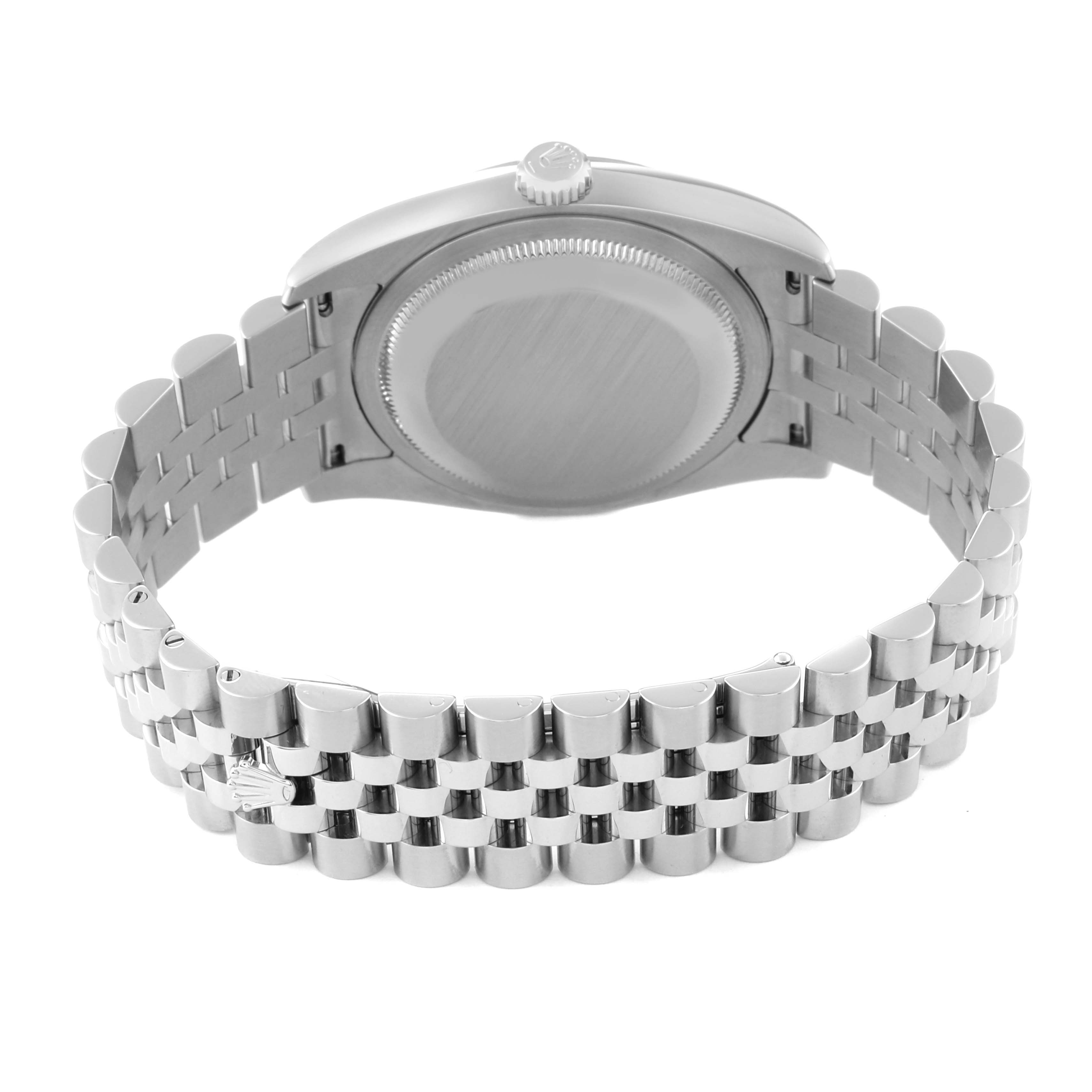 The image shows the back view of a Rolex Datejust 116234 Men's Stainless Steel Silver Dial 116234 Men's Stainless Steel Silver Dial watch, highlighting its case back and Jubilee bracelet.