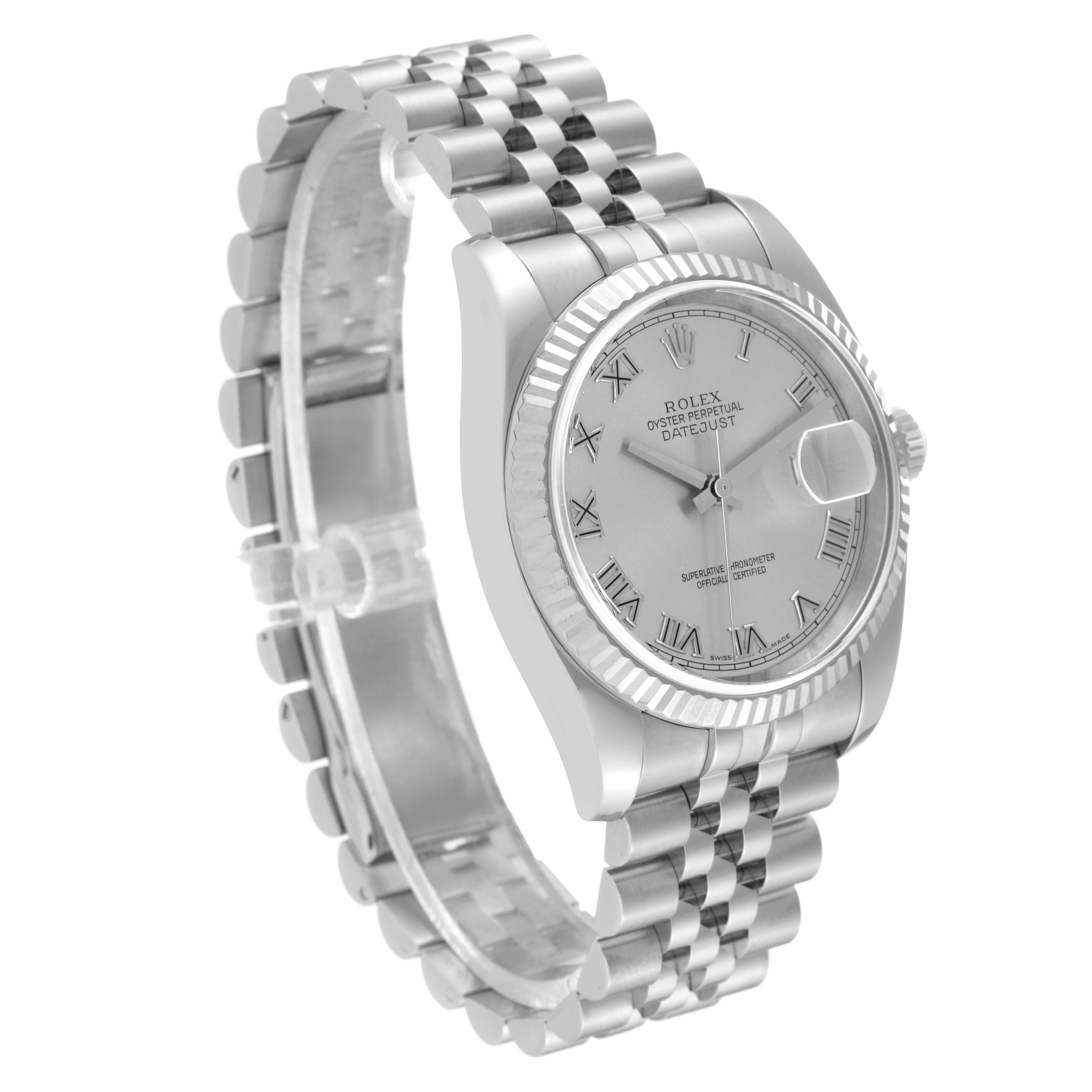 The Rolex Datejust 116234 Men's Stainless Steel Silver Dial 116234 Men's Stainless Steel Silver Dial watch is shown at a slight angle, highlighting the face, bezel, and part of the Jubilee bracelet.