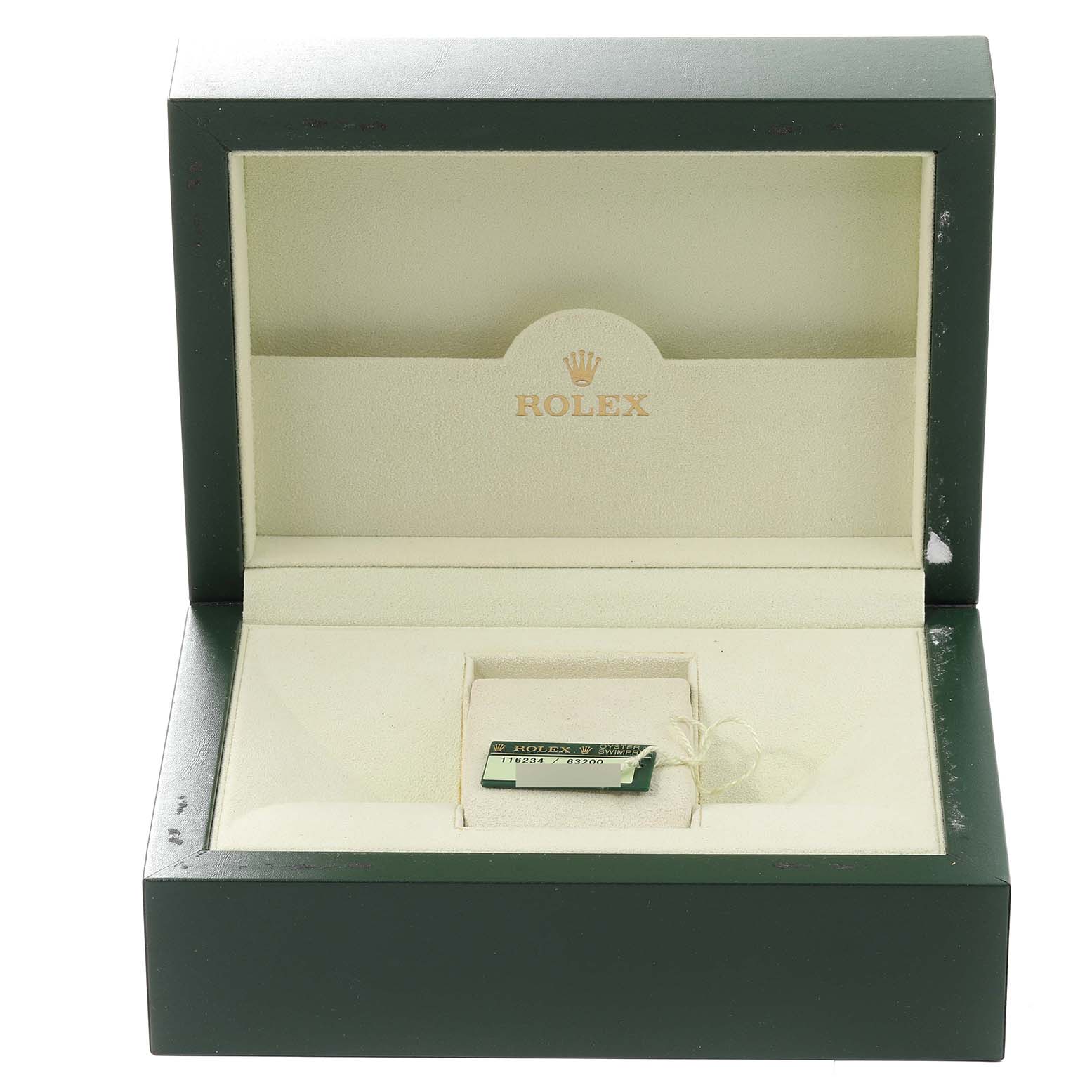 This image shows an empty open green Rolex box for a Datejust model, with its tag in a central compartment.