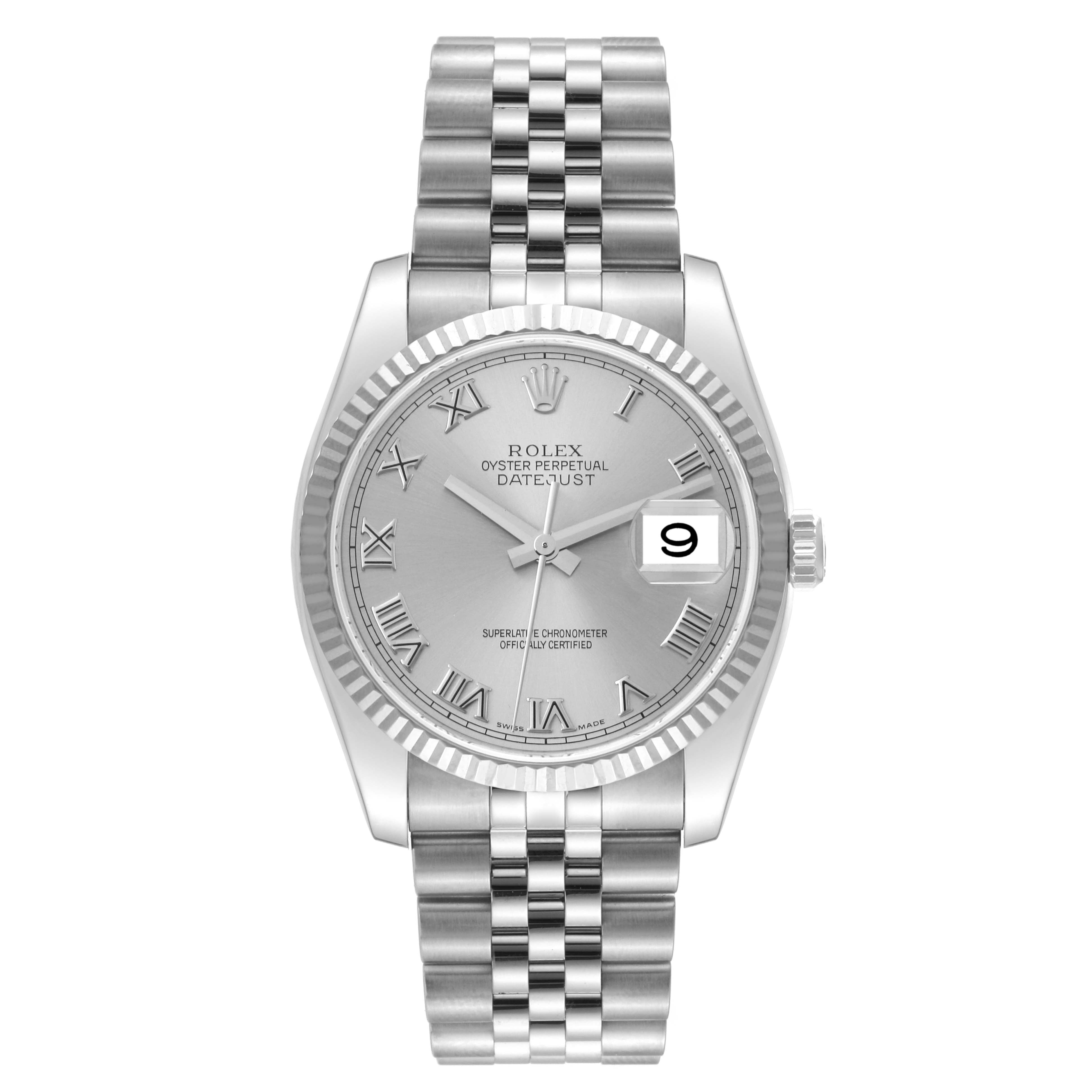 This is a front view of a Rolex Datejust 116234 Men's Stainless Steel Silver Dial 116234 Men's Stainless Steel Silver Dial watch showcasing its silver dial, fluted bezel, and Jubilee bracelet.