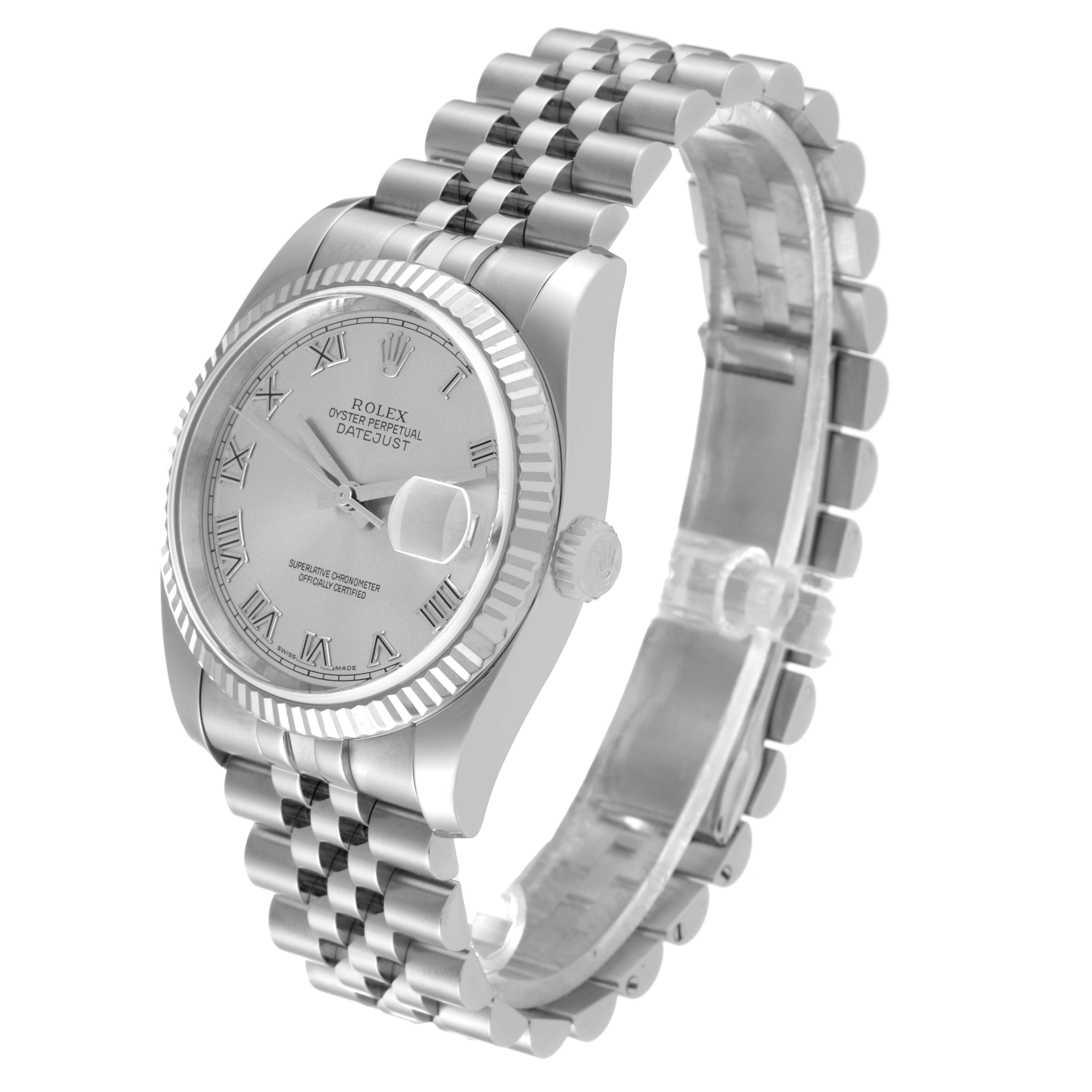 This image shows the Rolex Datejust 116234 Men's Stainless Steel Silver Dial 116234 Men's Stainless Steel Silver Dial watch at a three-quarter angle, displaying the face, bezel, bracelet, and crown.