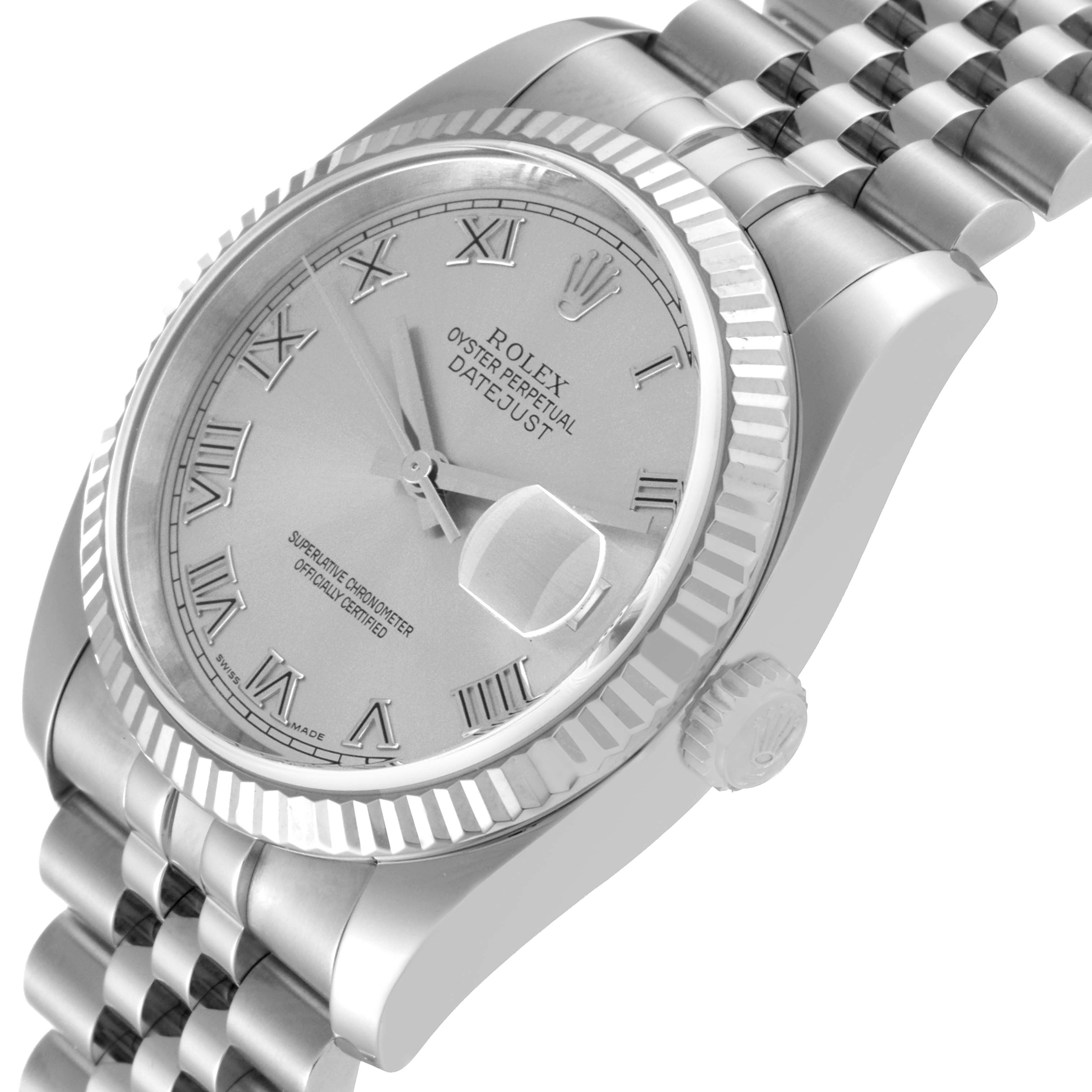 The image shows a Rolex Datejust 116234 Men's Stainless Steel Silver Dial 116234 Men's Stainless Steel Silver Dial watch at a slight angle, highlighting the face, bezel, crown, and part of the bracelet.