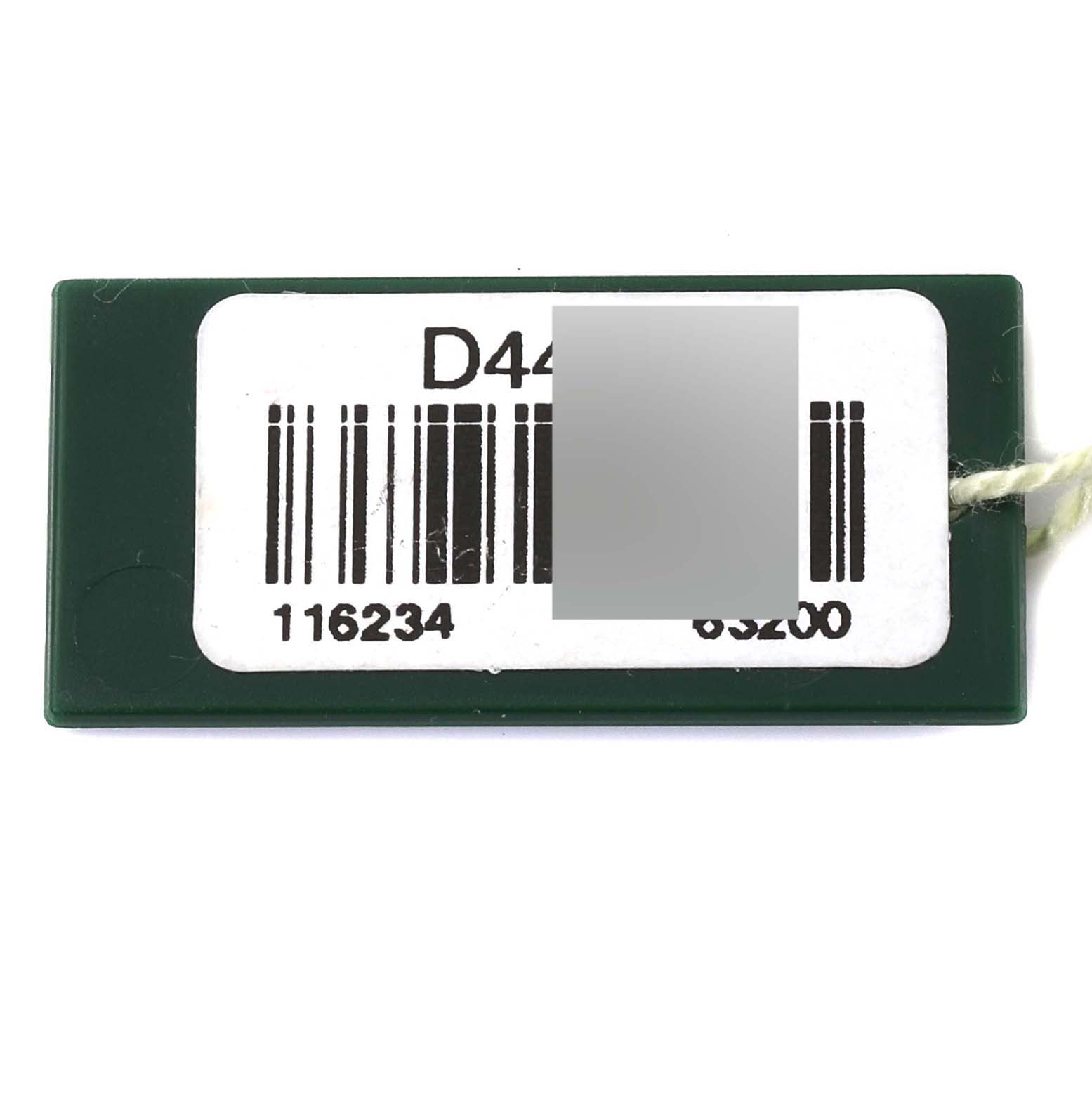 This image shows a barcode tag for a Rolex Datejust 116234 Men's Stainless Steel Silver Dial 116234 Men's Stainless Steel Silver Dial watch, model 116234, attached with a string.