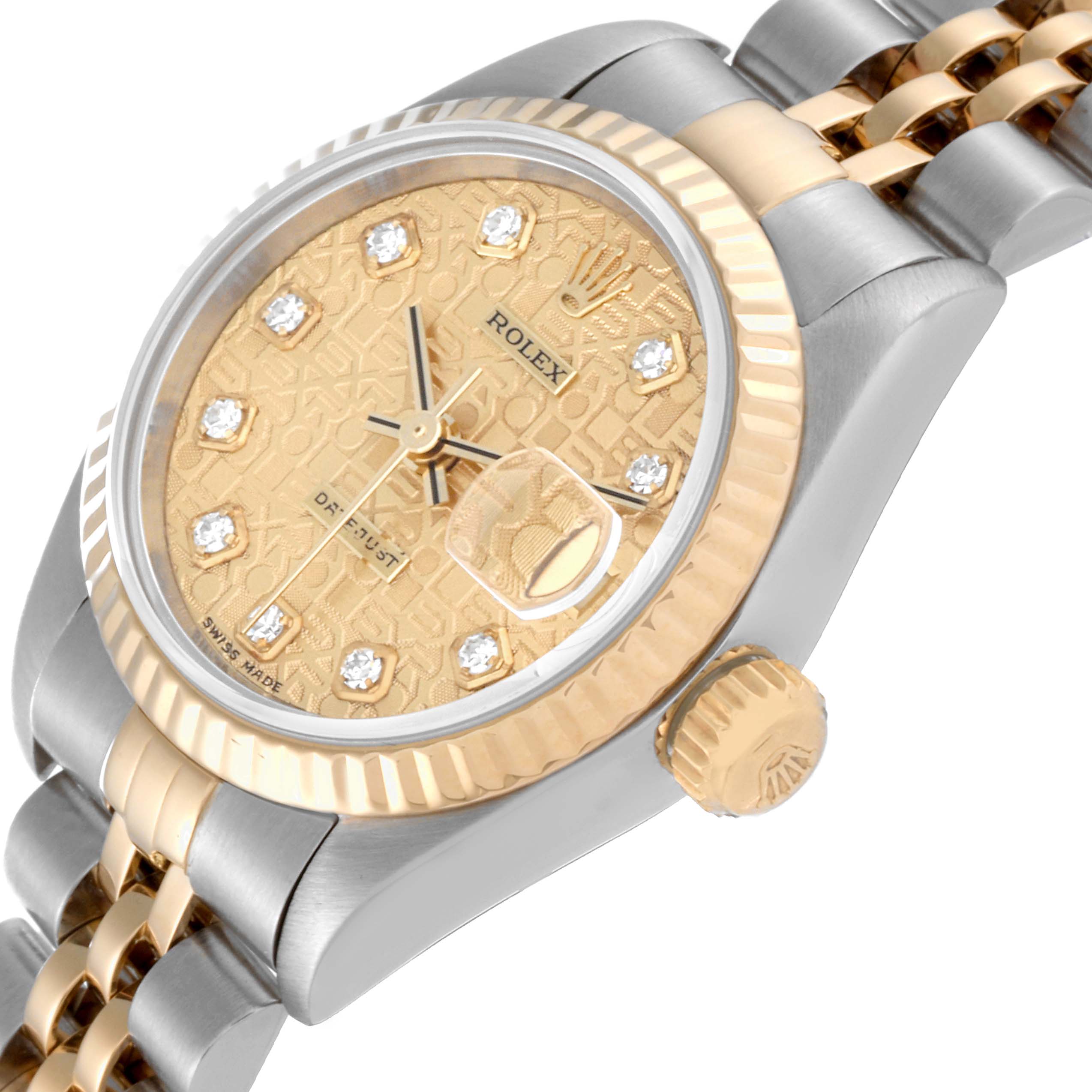The image shows a close-up angled view of a Rolex Datejust 79173G Women's Steel and Gold (two tone) Champagne Dial 79173G Women's Steel and Gold (two tone) Champagne Dial watch, highlighting the bezel, dial, crown, and a portion of the bracelet.
