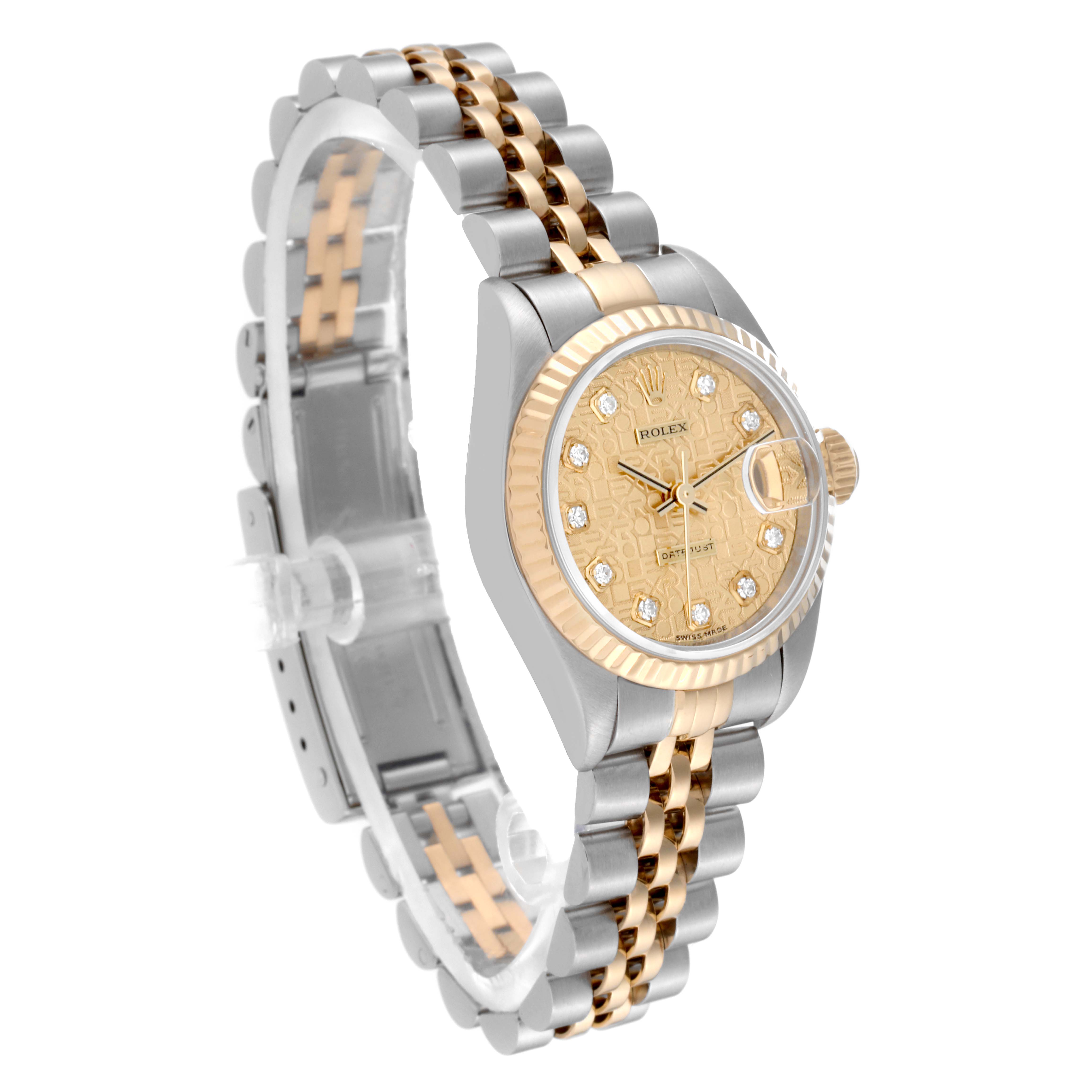 The image shows a Rolex Datejust 79173G Women's Steel and Gold (two tone) Champagne Dial 79173G Women's Steel and Gold (two tone) Champagne Dial watch at a three-quarter angle highlighting its two-tone bracelet, gold bezel, and diamond-set dial.
