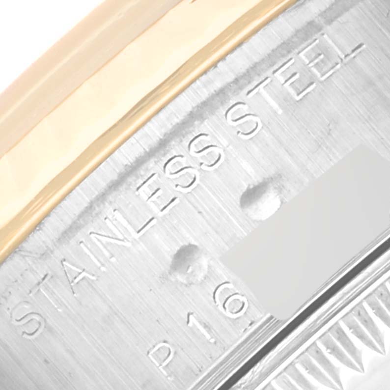 This close-up image shows the stainless steel casing and part of the bezel of the Rolex Datejust 79173G Women's Steel and Gold (two tone) Champagne Dial 79173G Women's Steel and Gold (two tone) Champagne Dial watch.