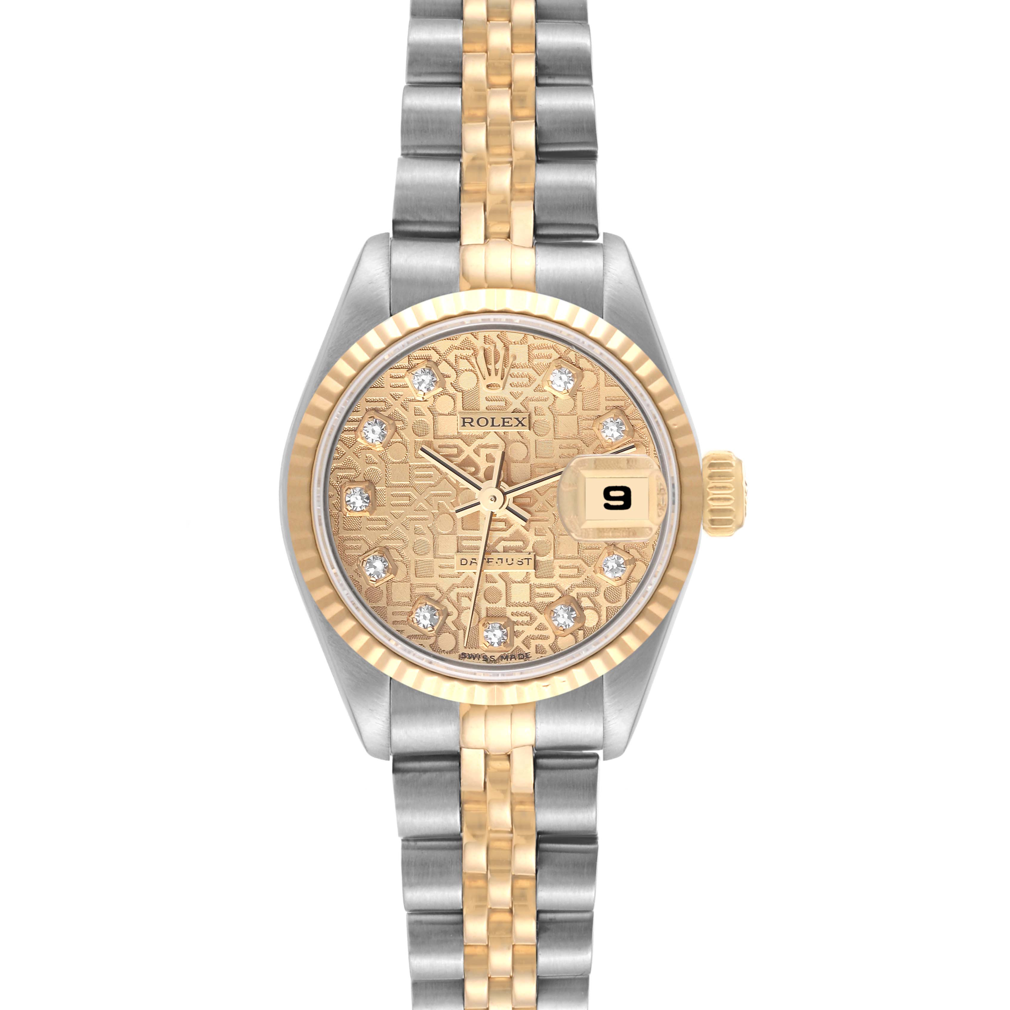 This image shows a Rolex Datejust 79173G Women's Steel and Gold (two tone) Champagne Dial 79173G Women's Steel and Gold (two tone) Champagne Dial watch in a straight-on view, displaying the face, bezel, crown, and bracelet.