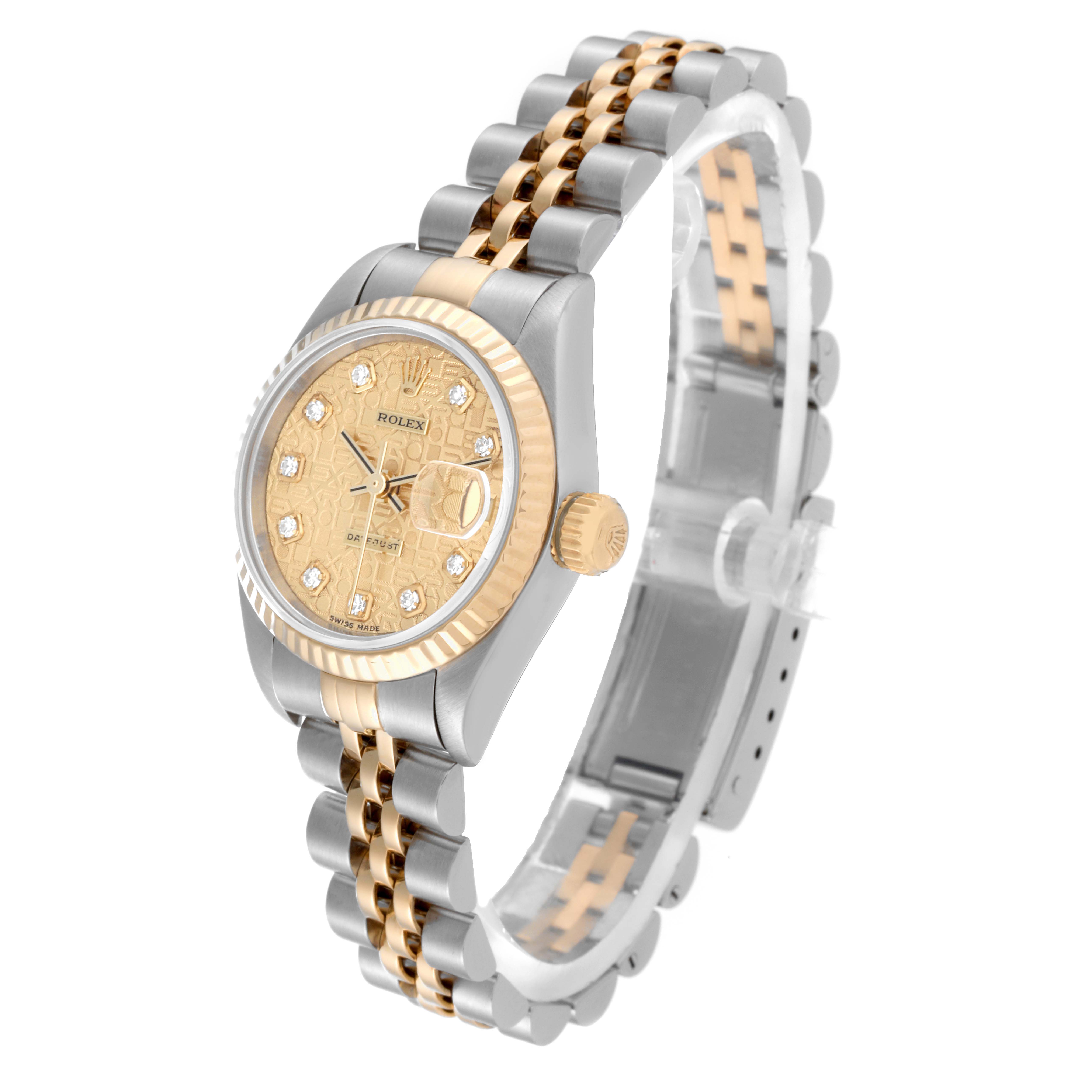 The image shows a Rolex Datejust 79173G Women's Steel and Gold (two tone) Champagne Dial 79173G Women's Steel and Gold (two tone) Champagne Dial watch with a two-tone bracelet and a gold dial at a three-quarter angle.