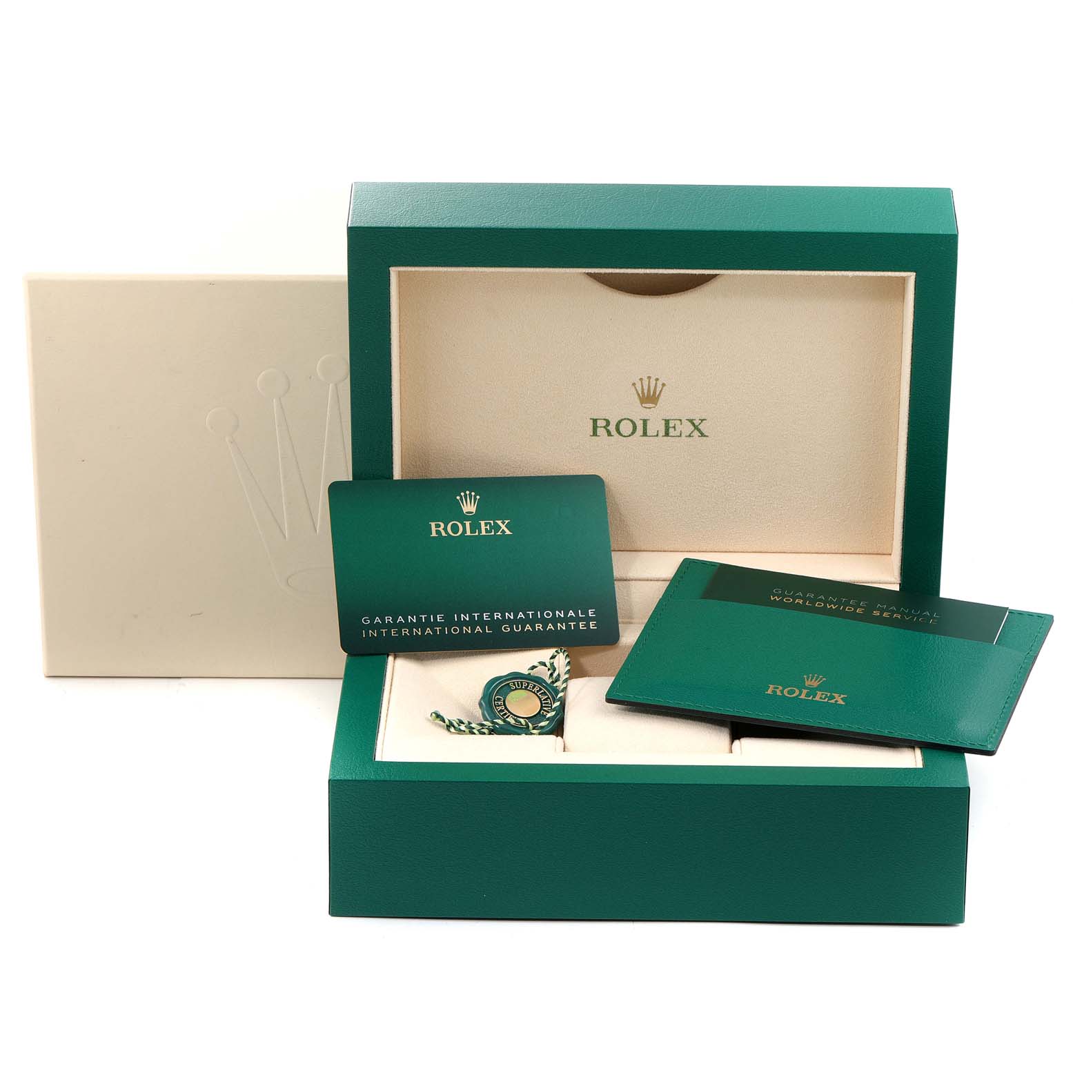 The image shows the packaging and accessories of a Rolex Datejust 41 126233 Men's Steel and Gold (two tone) Black Dial 126233 Men's Steel and Gold (two tone) Black Dial, including a green Rolex box, warranty card, and manual.