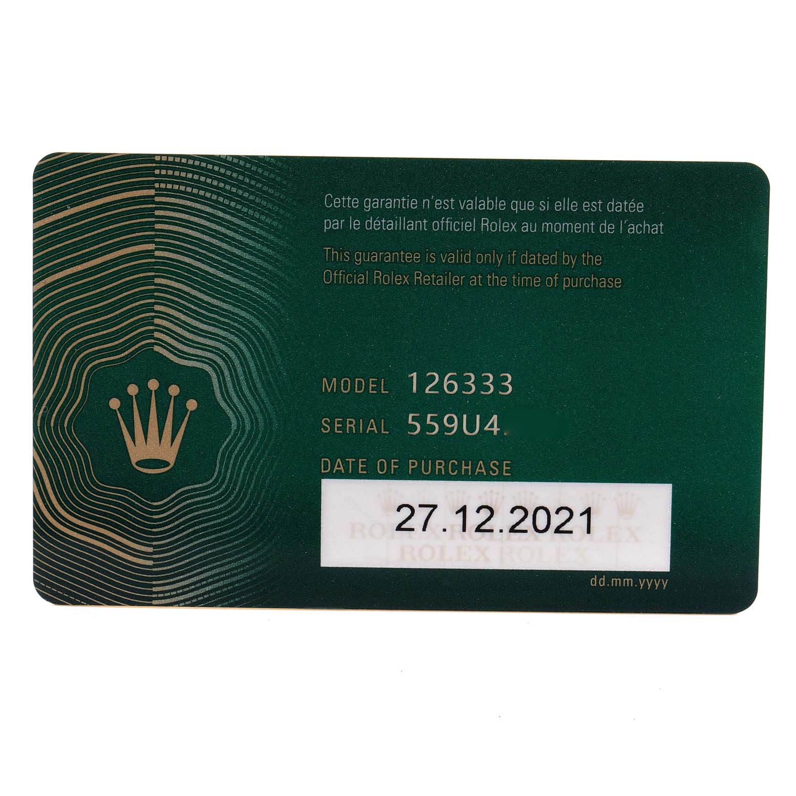 This image shows a warranty card for the Rolex Datejust 41 126233 Men's Steel and Gold (two tone) Black Dial 126233 Men's Steel and Gold (two tone) Black Dial model 126333, displaying its model, serial number, and purchase date.